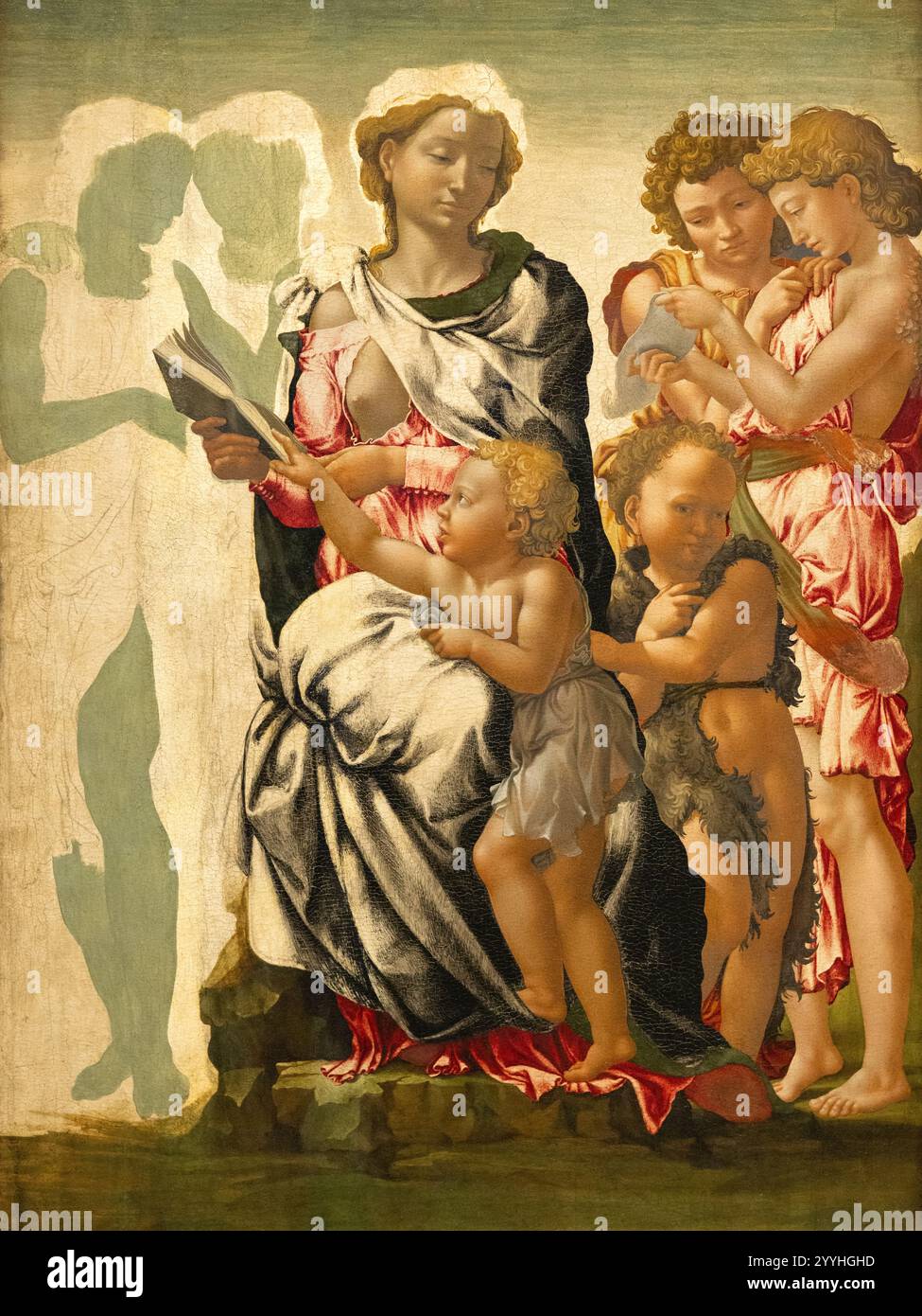 Michel-Ange ; la Madone de Manchester, 1494-97, peinture Michel-Ange inachevée de la Vierge, de l'enfant et des anges. Tempera sur bois. Fin du XVe siècle Banque D'Images Michel-Ange ; la Madone de Manchester, 1494-97, peinture Michel-Ange inachevée de la Vierge, de l'enfant et des anges. Tempera sur bois. Fin du XVe siècle Banque D'Images