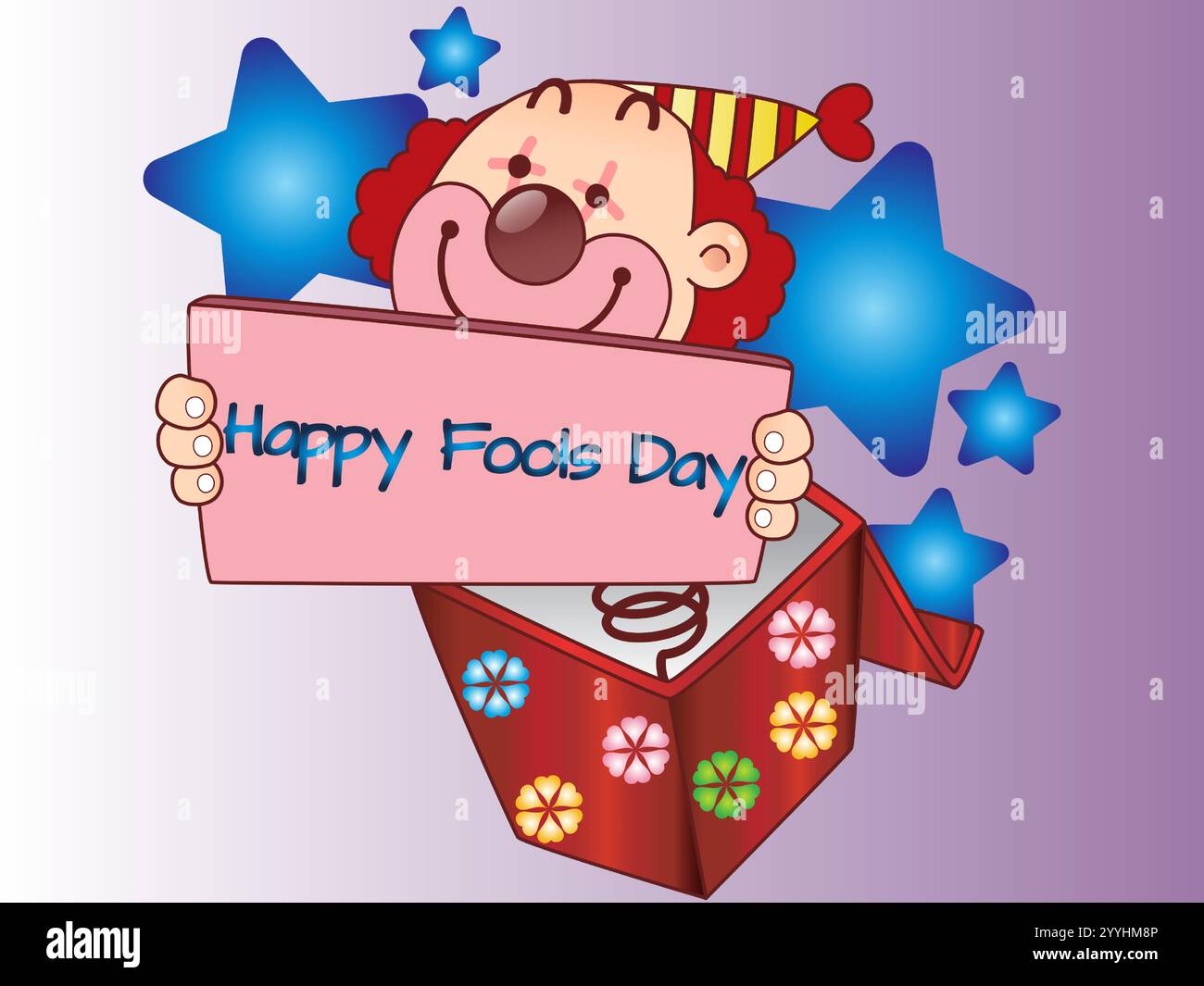 Clown tenant une pancarte qui dit Happy Fools Day. Le clown est entouré d'étoiles et tient une boîte. Joyeux April Fools Day humour Happiness Joy Bi Illustration de Vecteur