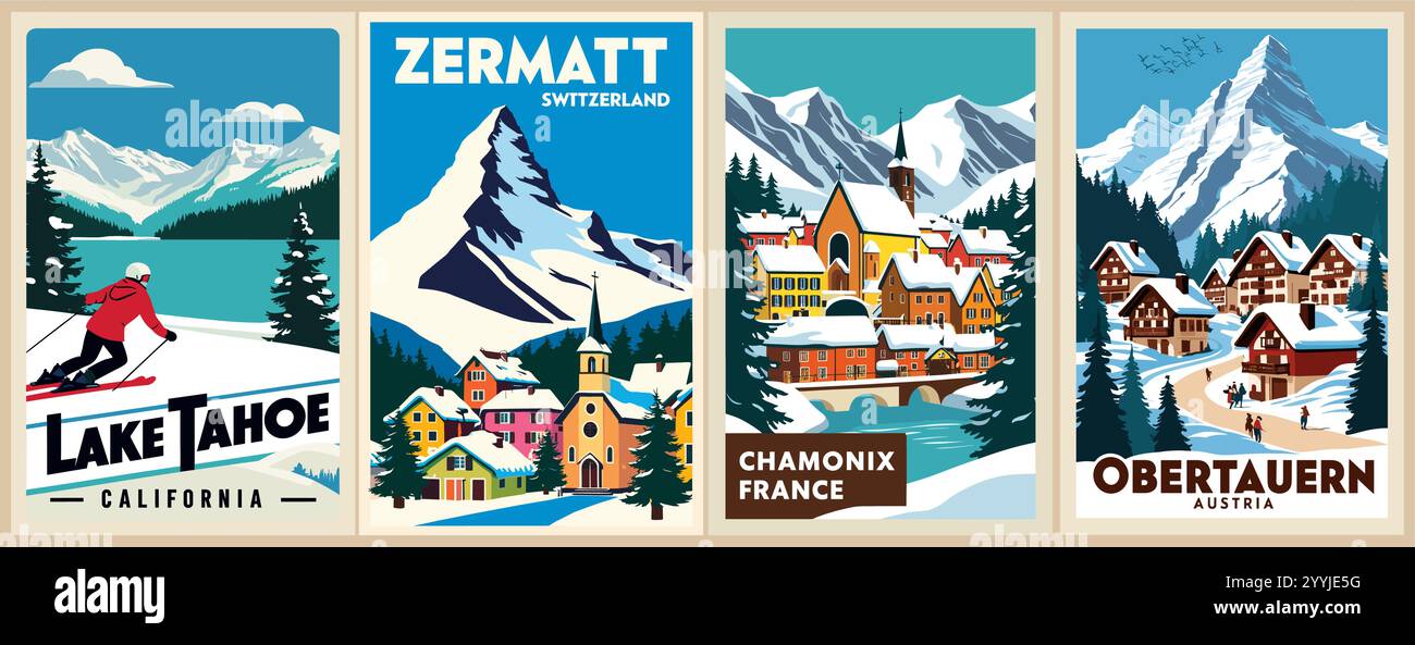 Ensemble d'affiches ski Travel dans un style rétro Illustration de Vecteur