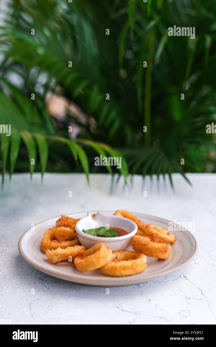 Une vue de haut en bas des anneaux de calamars dorés croustillants servis sur une assiette blanche avec un petit bol de sauce rouge Banque D'Images