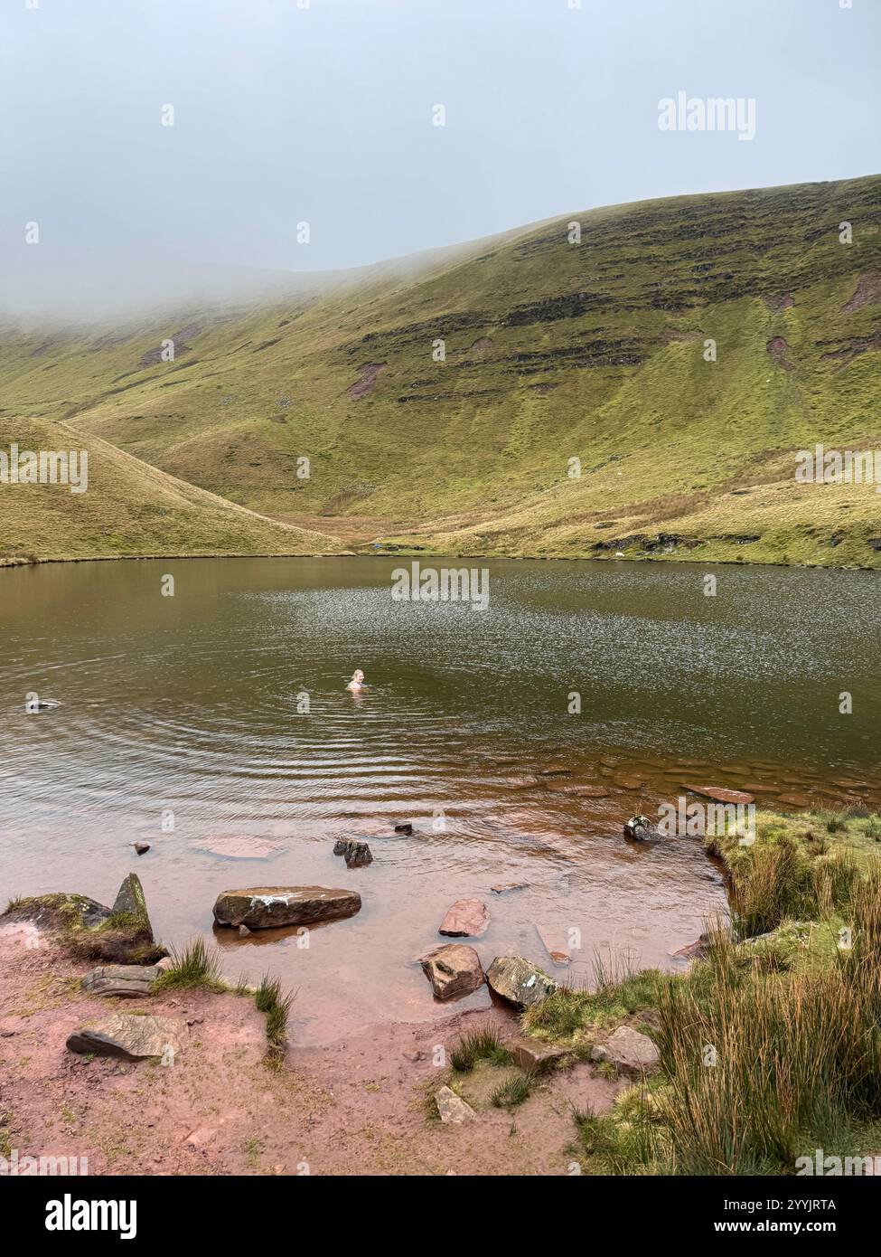 Jeune femme nageant à Llyn Cwm Llwch en décembre, dans l'eau très froide. Bannau Brycheiniog, Brecon Beacons, pays de Galles. Banque D'Images