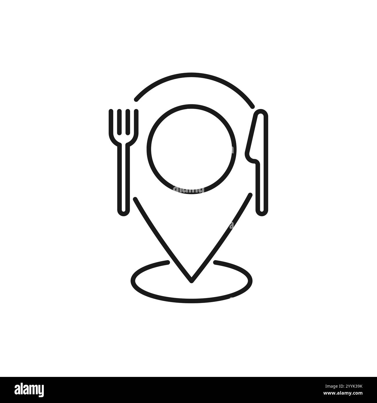 icône de point de déjeuner, restaurant d'emplacement ou caffe, épingler sur la carte pour manger, nourriture sur la route, couverts, fourchette et couteau, symbole de ligne mince - coup modifiable vect Illustration de Vecteur