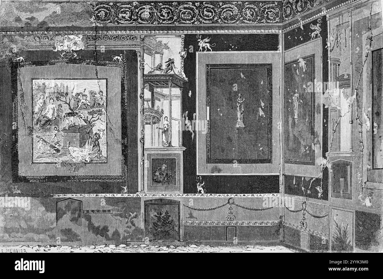 Peintures murales ou fresque dans la Maison Siricus, Maison Siricus ou Domus Vedi Sirici dans l'ancienne ville romaine de Pompéi, Pompéi Naples Italie. Illustration vintage ou historique ou gravure 1864 Banque D'Images