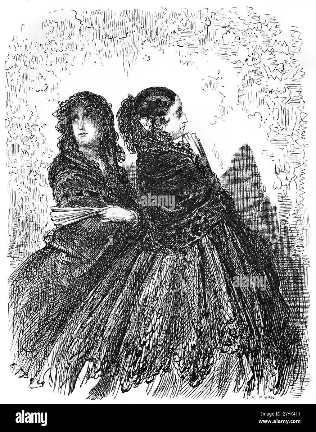Portrait de femmes Bourgeois portant une robe noire traditionnelle ou robes Alicante Espagne. Gravure vintage ou historique ou illustration 1864 Banque D'Images