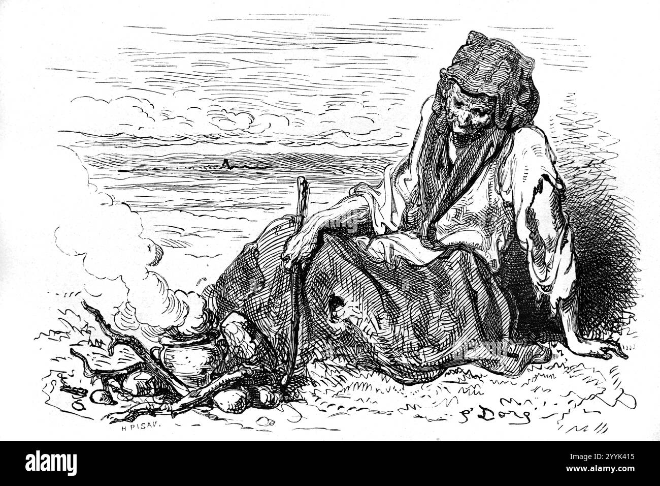 Femme paysanne préparant le repas sur Open Fire près d'Alicante Espagne. Gravure vintage ou historique ou illustration par Gustave Doré 1864 Banque D'Images