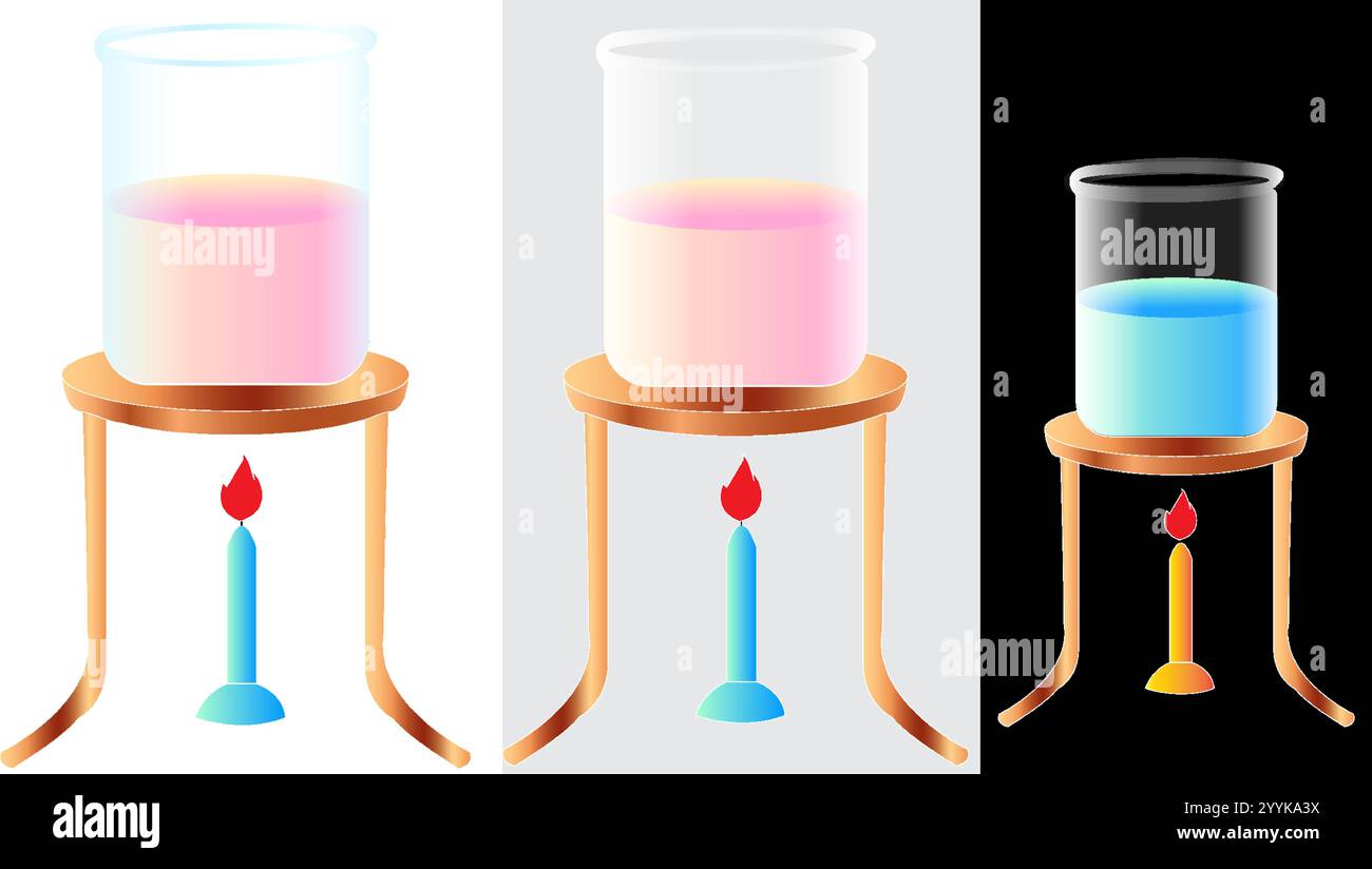 Récipient de bécher Science Experiment avec du liquide sur le brûleur Bunsen Illustration de Vecteur