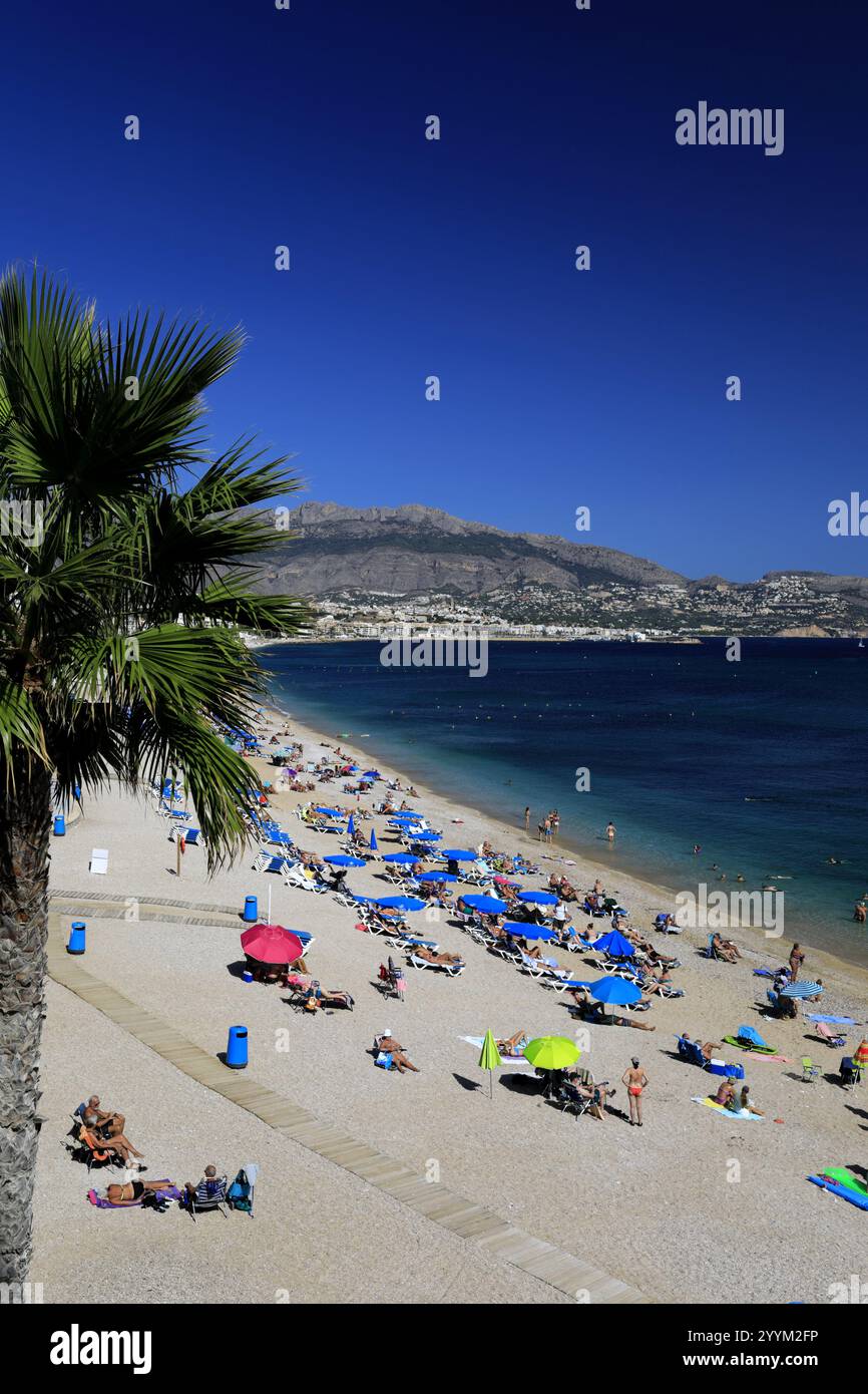 Vue d'été sur la plage dans la ville d'Albir, Costa Blanca, Espagne, Europe Banque D'Images