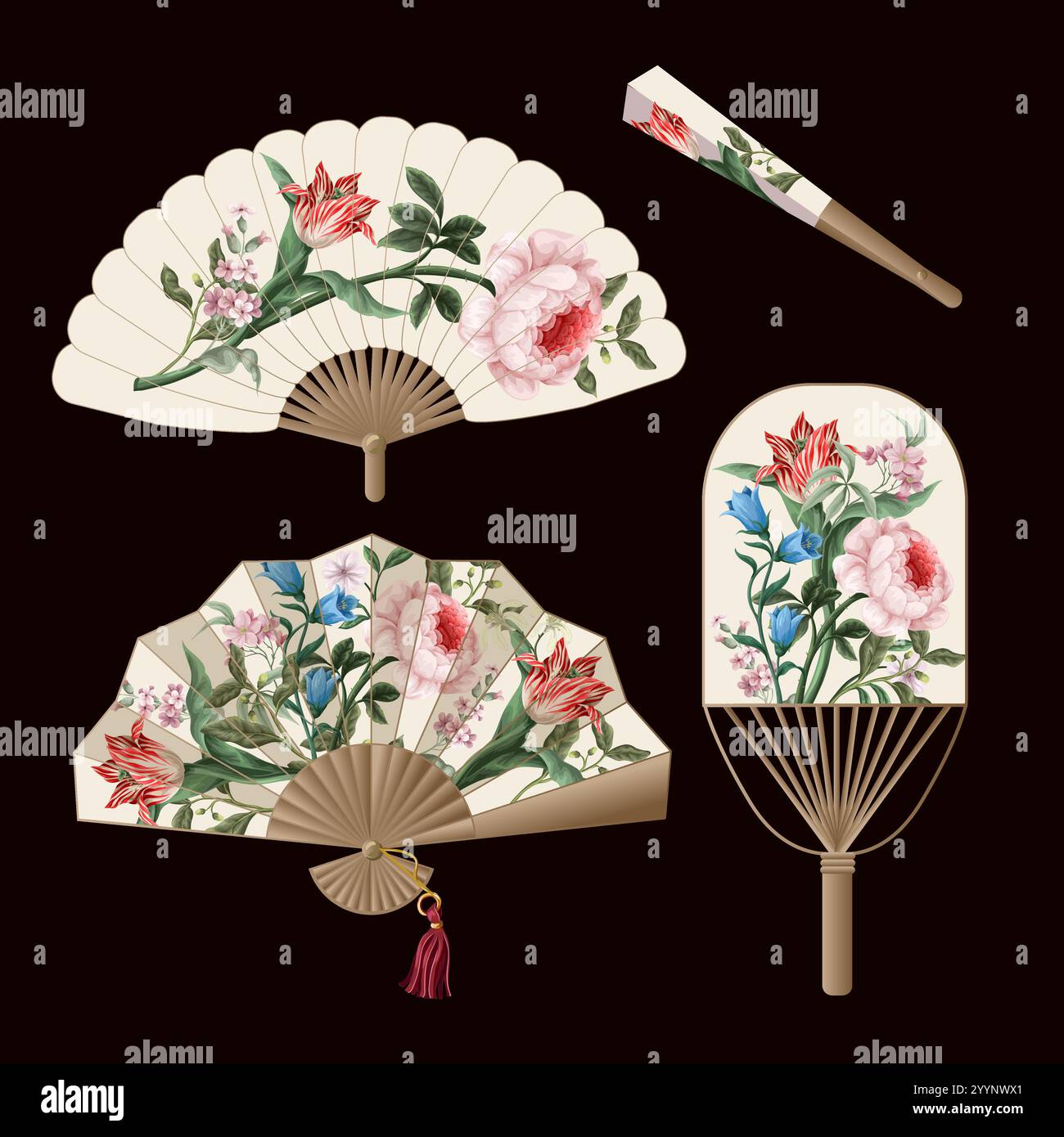 Fans avec des fleurs victoriennes vintage. Vecteur. Illustration de Vecteur