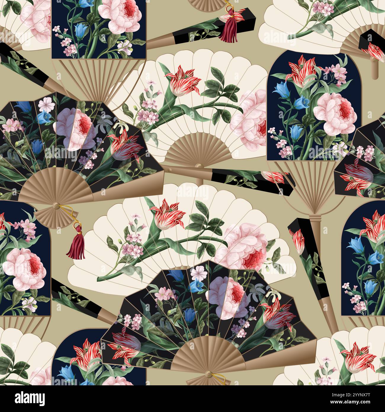 Modèle sans couture avec des fans avec des fleurs victoriennes vintage. Vecteur Illustration de Vecteur