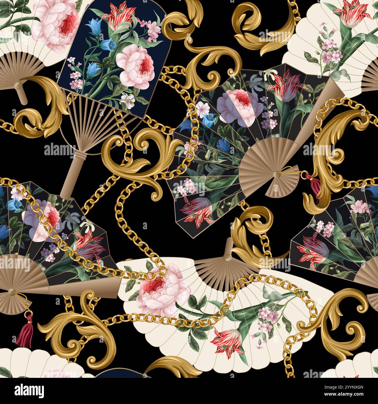 Modèle sans couture avec des fans avec des fleurs victoriennes vintage. Vecteur Illustration de Vecteur