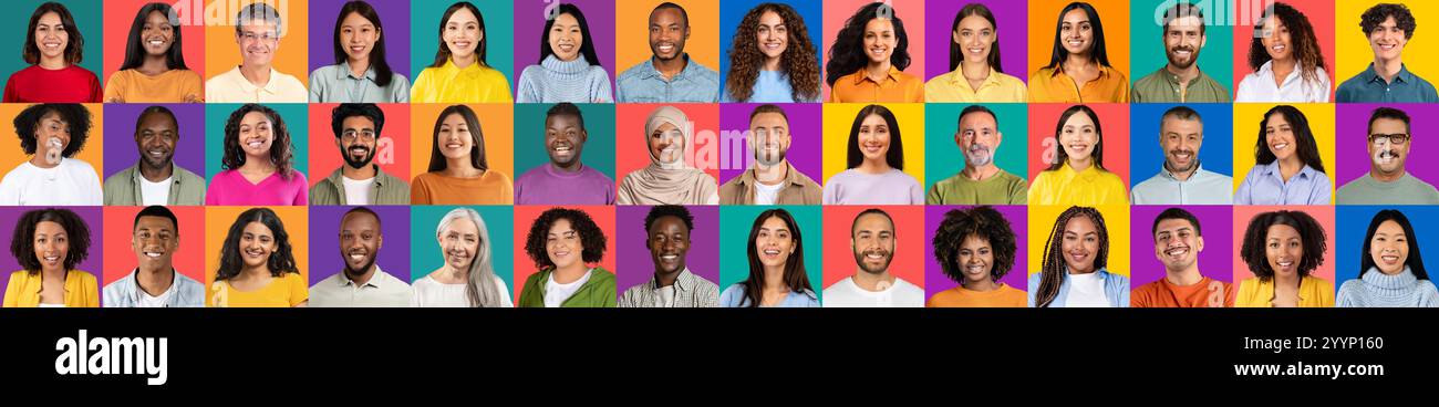 Groupe diversifié de personnes heureuses célébrant l'unité dans un collage vibrant Banque D'Images