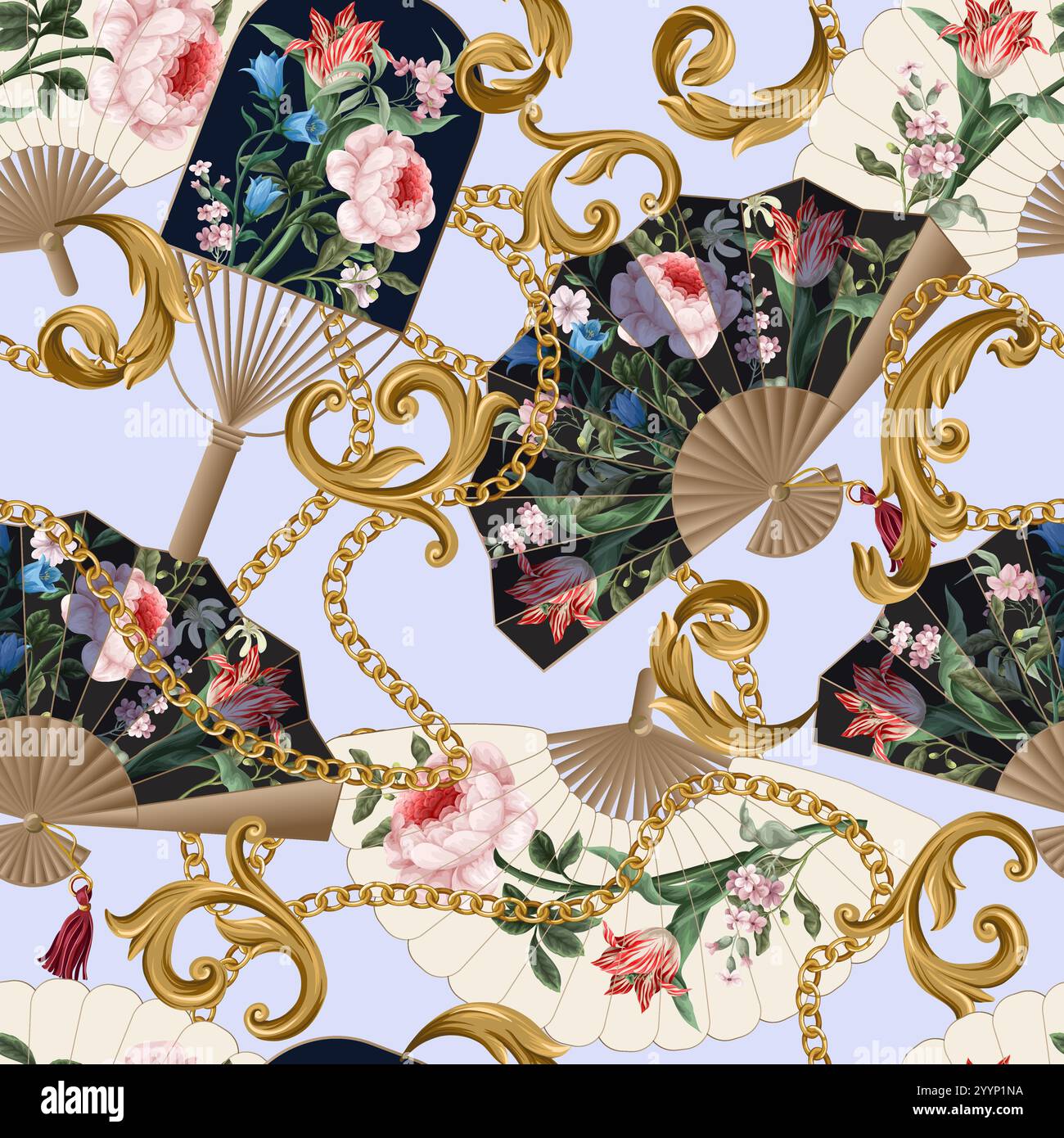 Modèle sans couture avec des fans avec des fleurs victoriennes vintage. Vecteur. Illustration de Vecteur