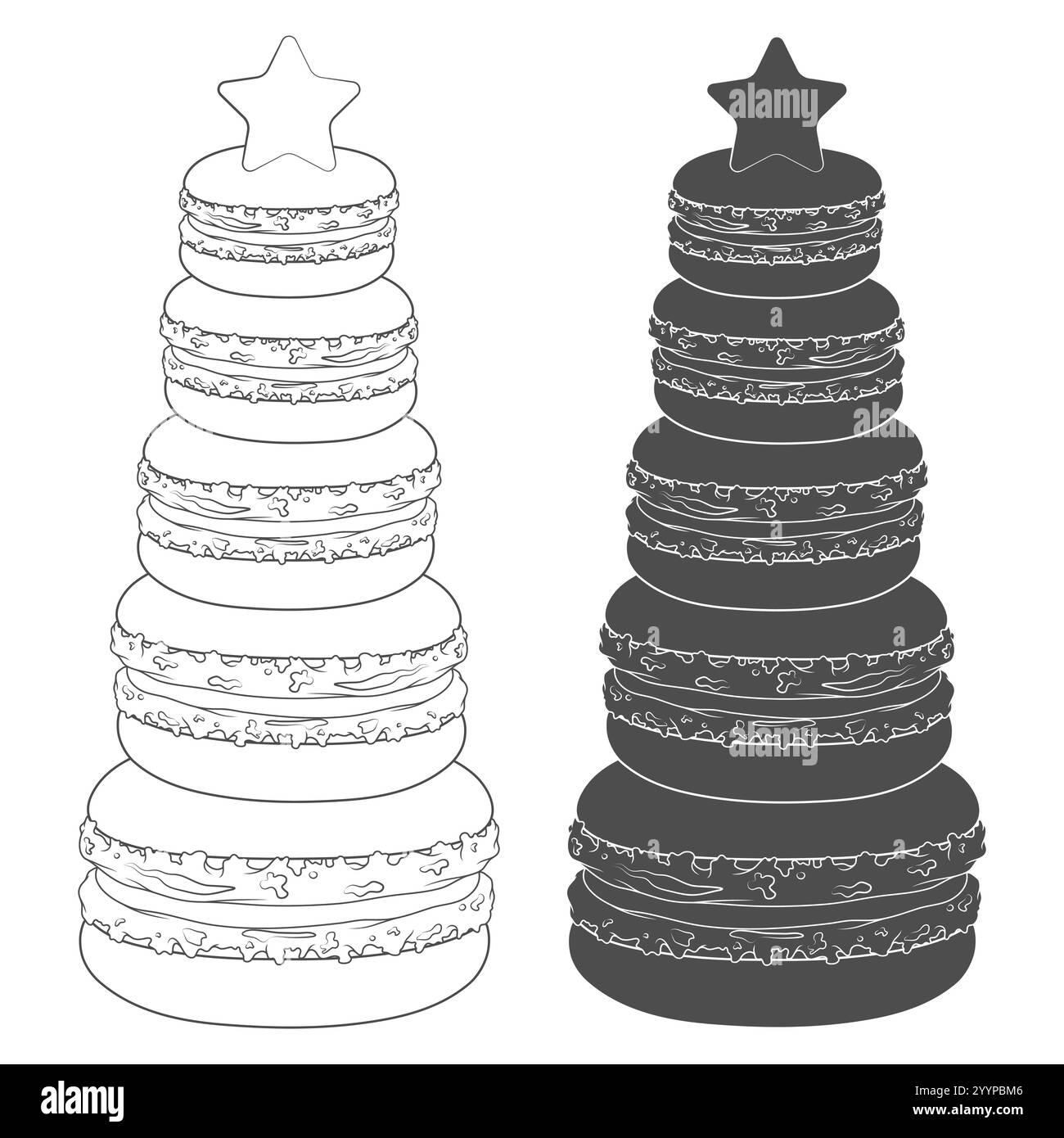 Ensemble d'illustrations en noir et blanc avec sapin de Noël fait de macarons de dessert. Objets vectoriels isolés. Illustration de Vecteur