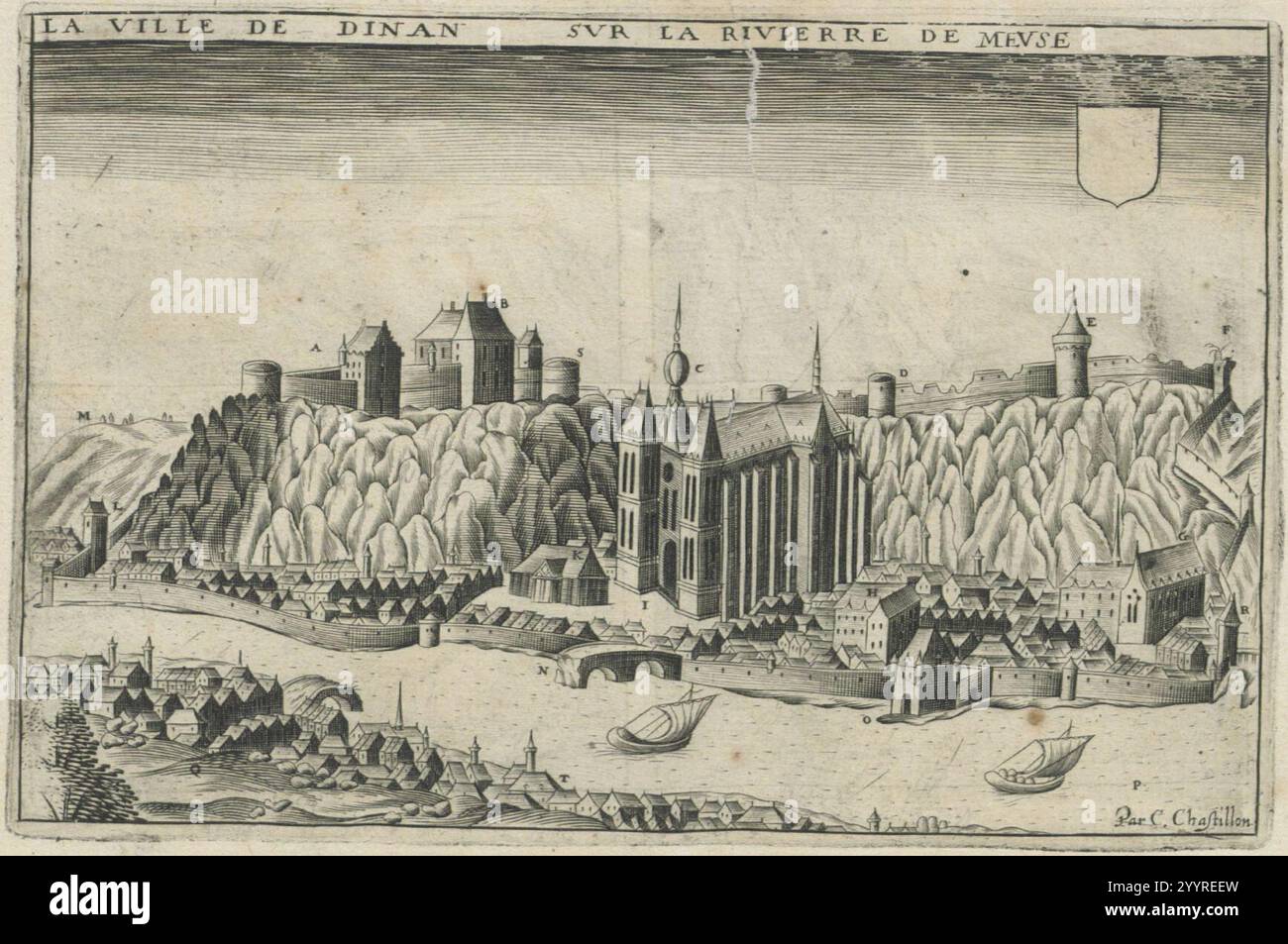 Dinan & Bouvaine (Claude Chastillon, topographie françoise, 1641) (vue de Dinant). Banque D'Images