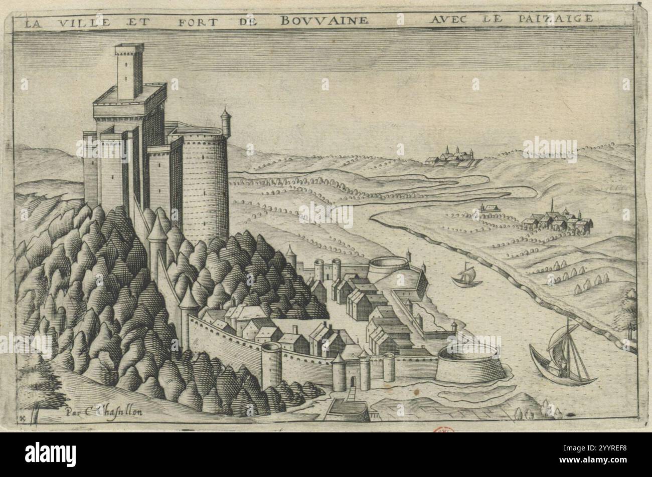 Dinan & Bouvaine (Claude Chastillon, topographie françoise, 1641) (vue de Bouvignes). Banque D'Images