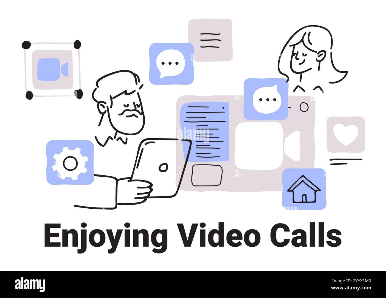Concept d'appels vidéo avec des personnes utilisant des icônes et des paramètres de chat dans un style minimaliste dessiné à la main pour la communication numérique Illustration de Vecteur