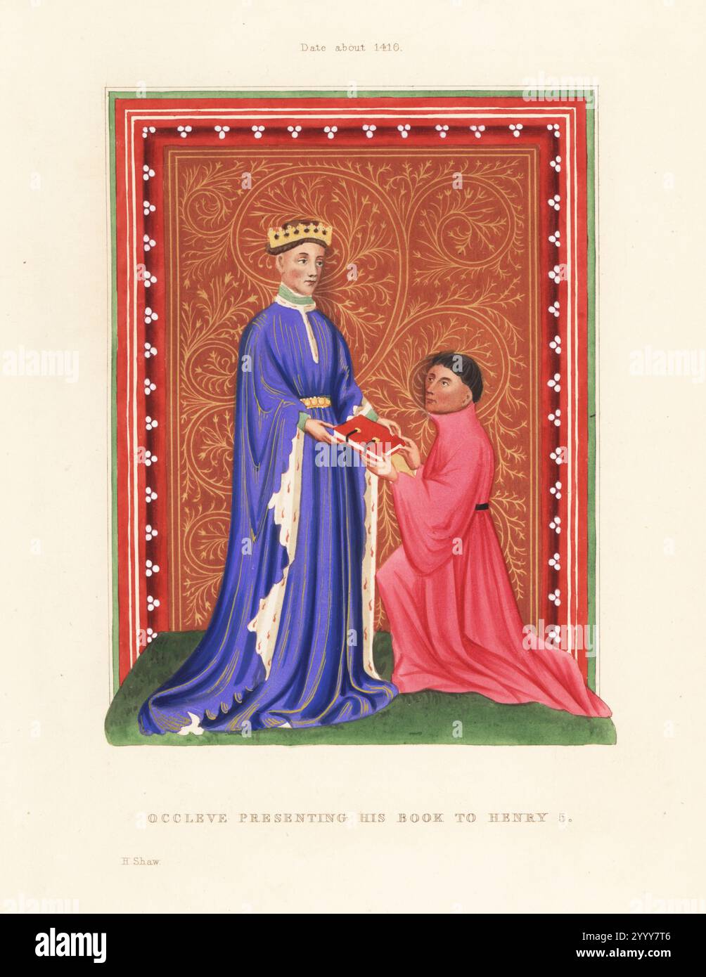 L'auteur Occleve présentant son livre au prince Hal, futur roi Henri V, vers 1413. Le roi en couronne et robe avec de longues manches daguées doublées d'hermine. La figure agenouillée est également identifiée comme John Mowbray, 2e duc de Norfolk. Extrait de la traduction de Thomas Hoccleve du Régiment des Princes d'Egidius, de Regimine Principum, British Library MS Arundel 38, F. 37. Gravure sur bois colorée à la main par Henry Shaw tirée de ses propres robes et décorations du moyen âge du VIIe au XVIIe siècle, William Pickering, Londres, 1843. Banque D'Images