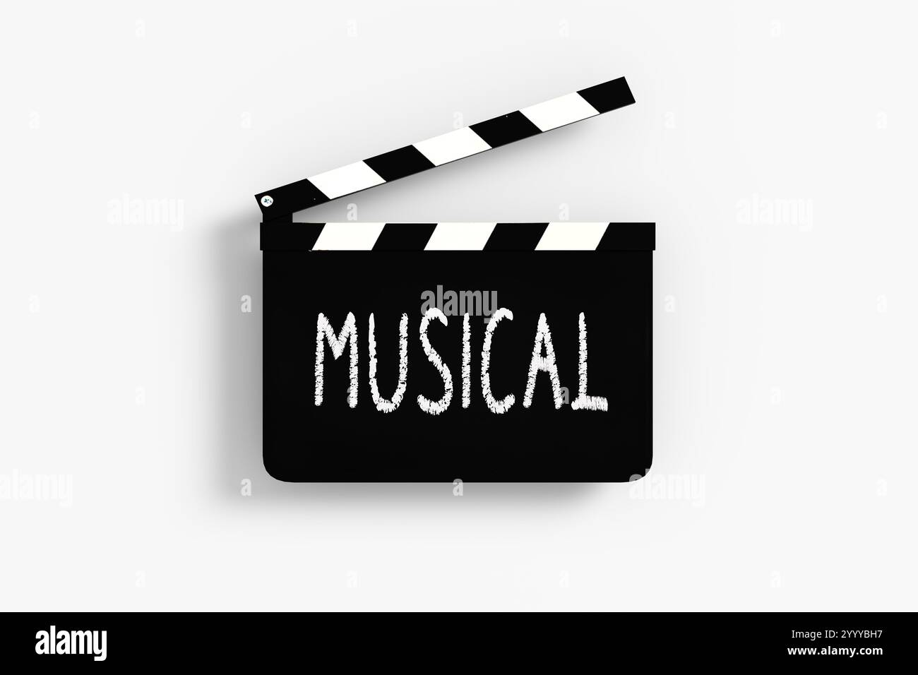 Claquette noire avec un mot blanc musical écrit dessus, représentant le genre de film musical, l'industrie du film et le divertissement. Rendu 3D. Banque D'Images