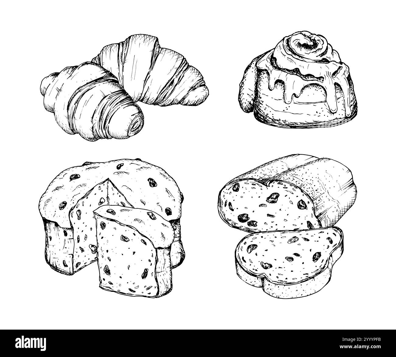 Illustrations vectorielles de pâtisseries dessinées à l'encre noire. Ensemble de gâteaux des fêtes. Pâtisseries européennes de Noël, panettone, stollen, pain à la cannelle avec du sucre Illustration de Vecteur
