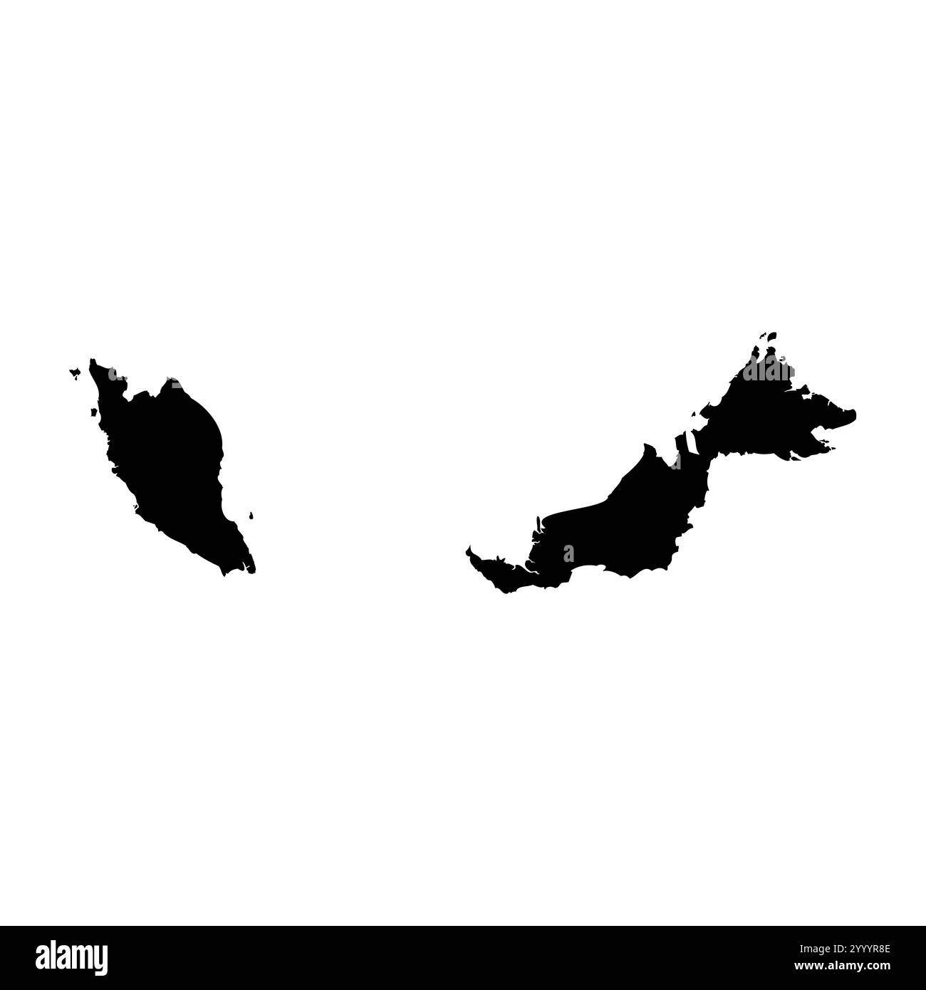 Représentation vectorielle détaillée élevée de Malaisie de la silhouette du pays en noir solide sur fond blanc. Pour une utilisation éducative, décorative ou informative mettant en valeur le plan national. Illustration de Vecteur