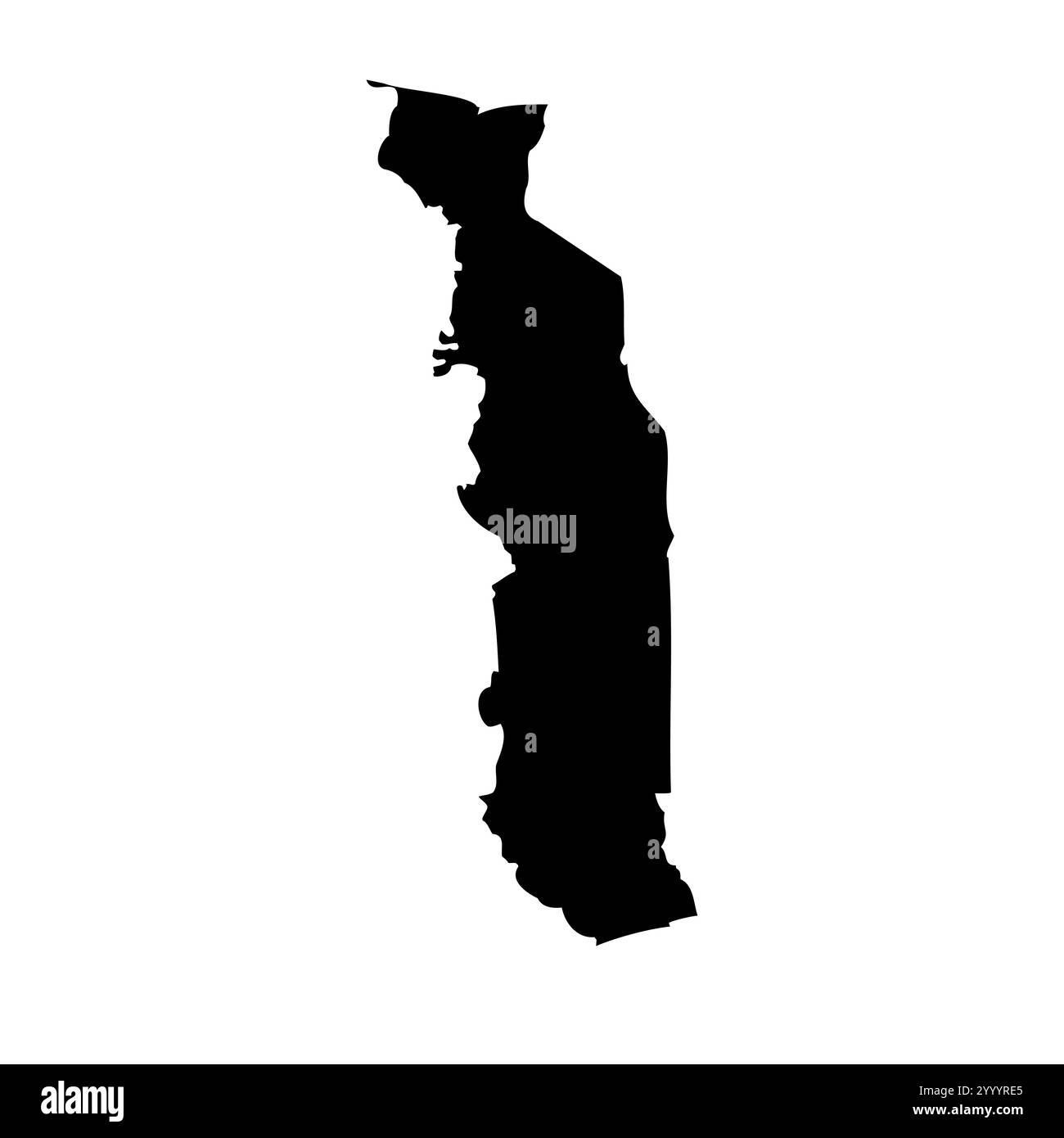 Togo haute représentation vectorielle détaillée de la silhouette du pays en noir solide sur fond blanc. Pour une utilisation éducative, décorative ou informative mettant en valeur le plan national. Illustration de Vecteur