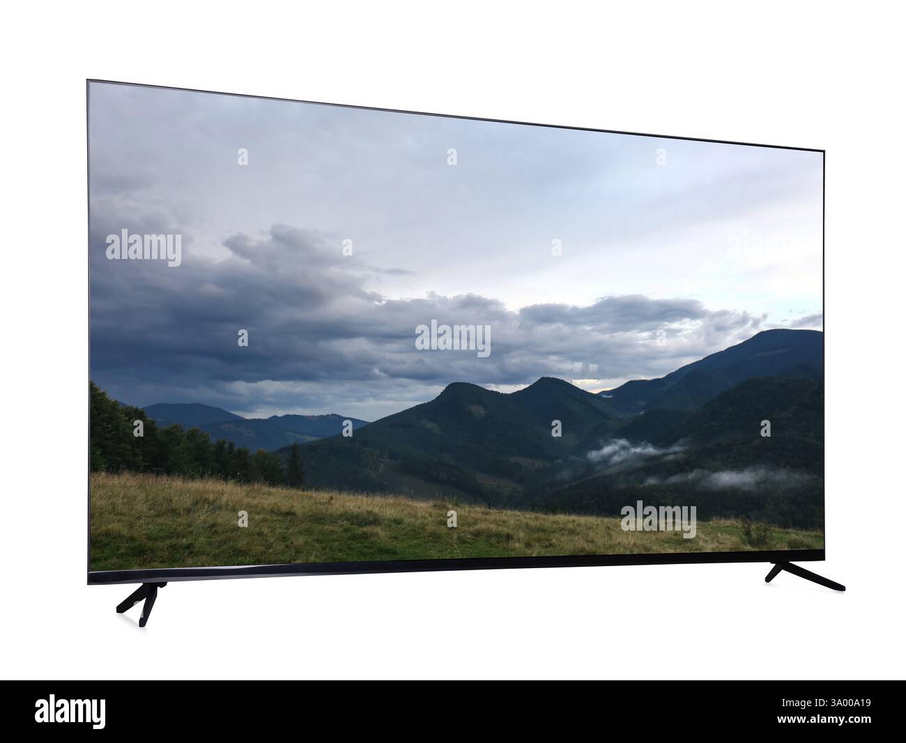 Téléviseur avec paysage de montagne sur écran isolé sur blanc Banque D'Images