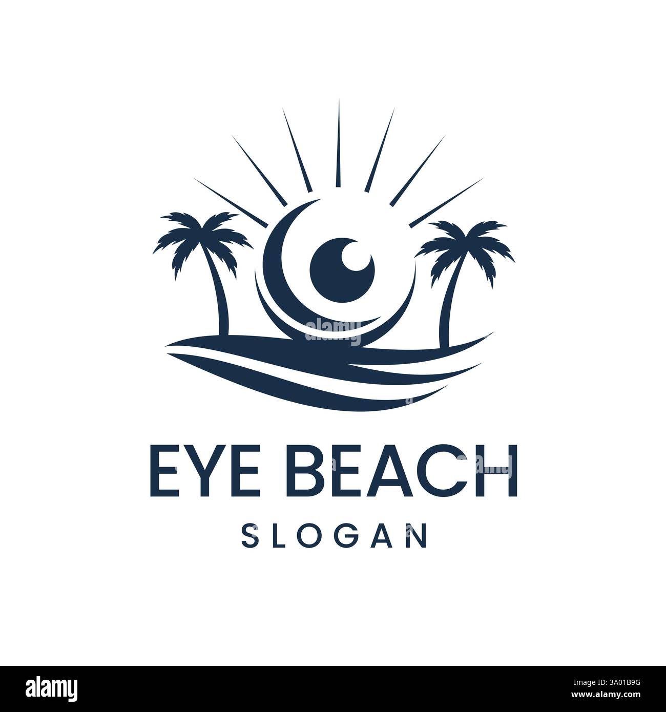 Logo moderne avec yeux, palmiers tropicaux, vagues et lumière du soleil. Logo pour Agence de voyages, Resort Illustration de Vecteur