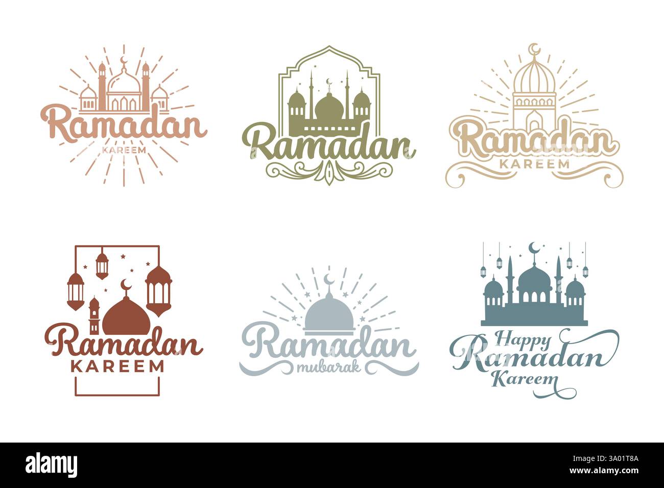 Six logos Ramadan Kareem uniques représentant des mosquées, des lanternes et des lunes en croissant. Illustration de Vecteur