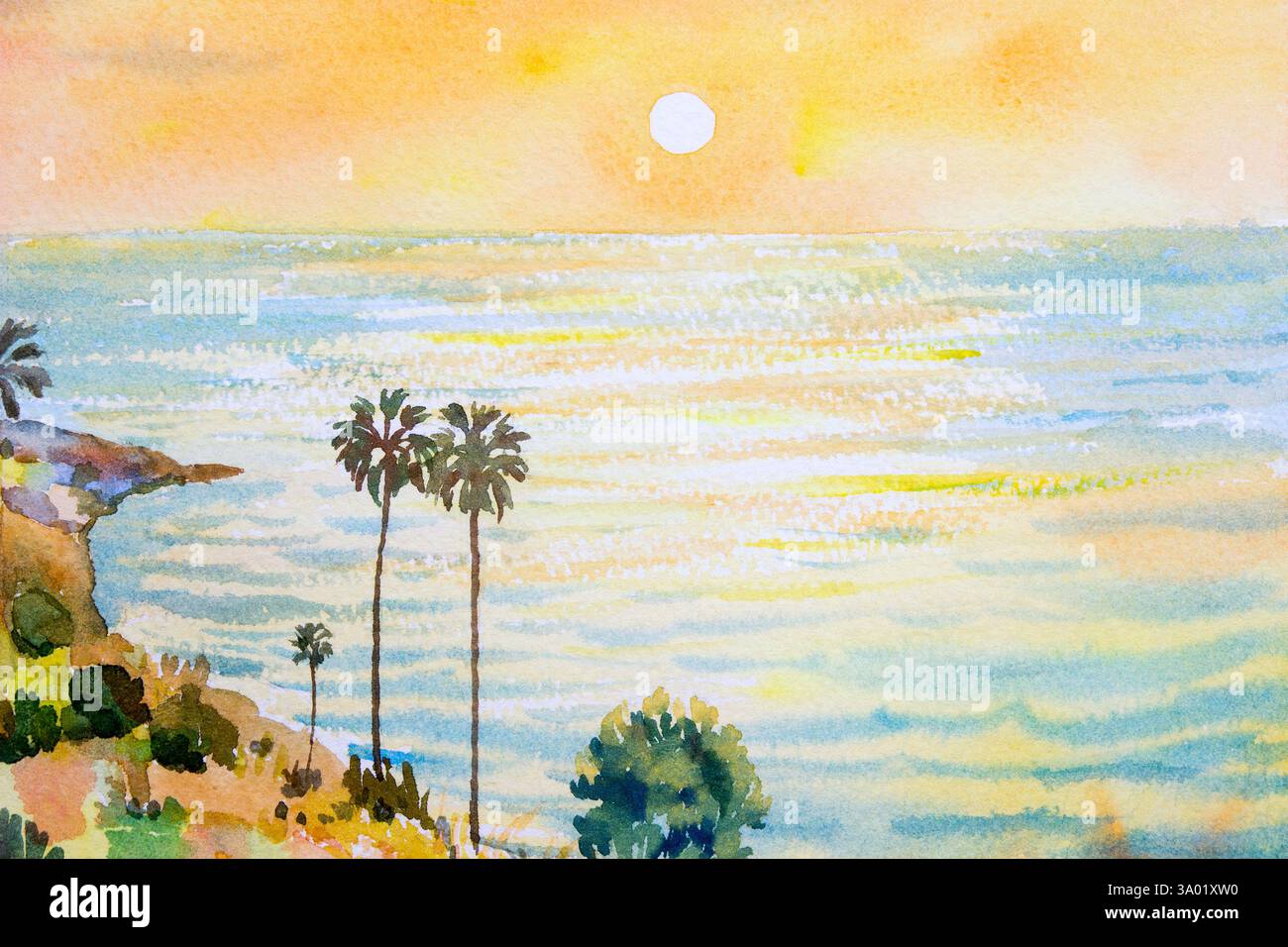 Peinture aquarelle colorée sur texture de papier. Impressionnisme image des peintures de paysage marin de Phuket, Laem Phromthep en Thaïlande avec la lumière du soleil coucher de soleil BA Banque D'Images