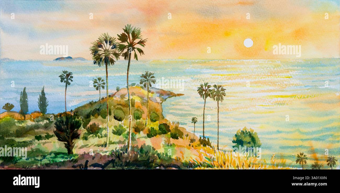 Aquarelle colorée de la mer d'été sur papier peintures de paysage marin de Laem Phromthep Phuket monuments célèbres en Thaïlande avec soleil coucher de soleil backgro Banque D'Images