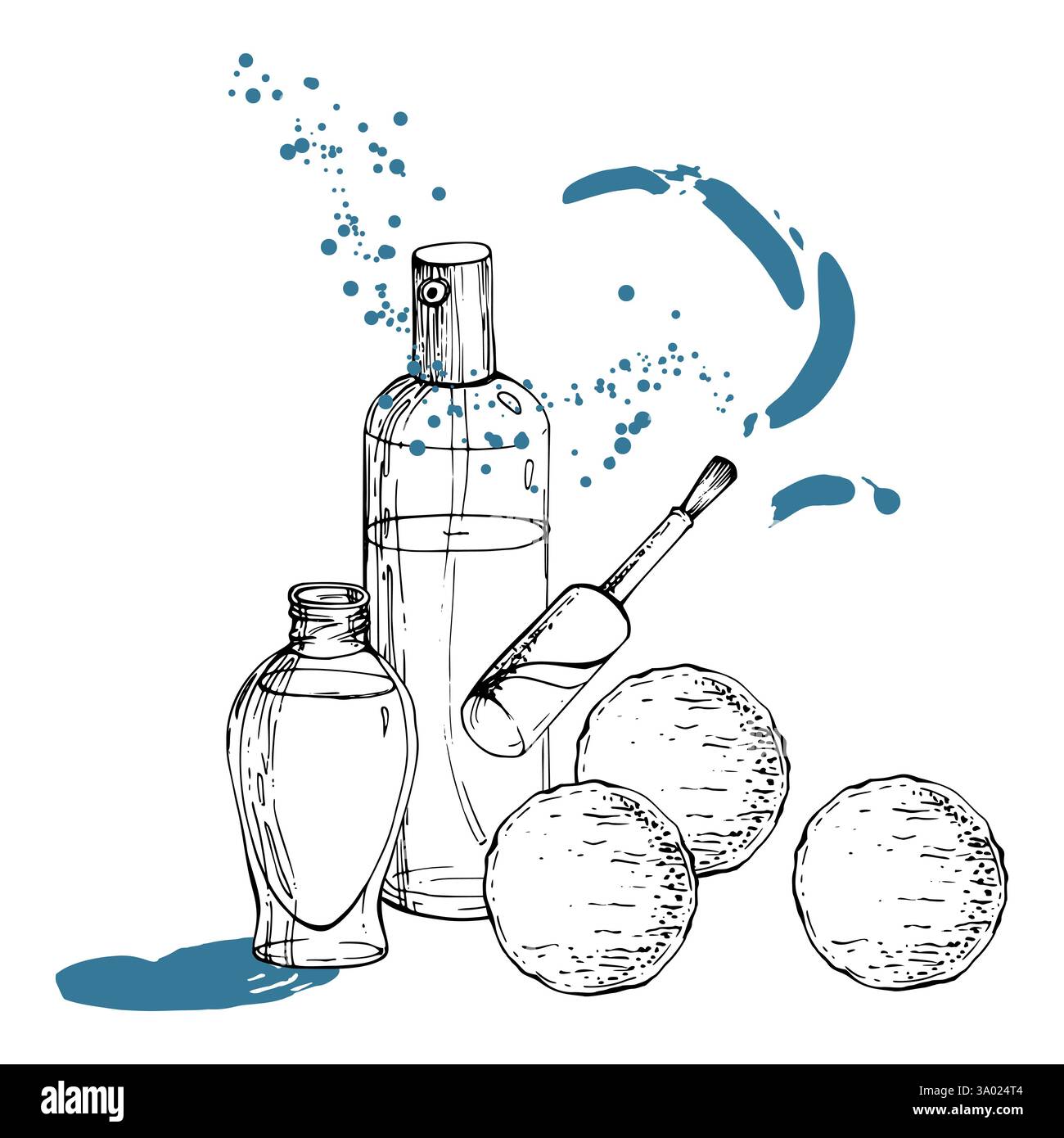 Vaporisateur de parfum bouteille eau de cologne, vernis à ongles vernis à cuticules, applicateur de coton-tige. Esquisse à l'encre dessinée à la main par vecteur de ligne, isolée Illustration de Vecteur