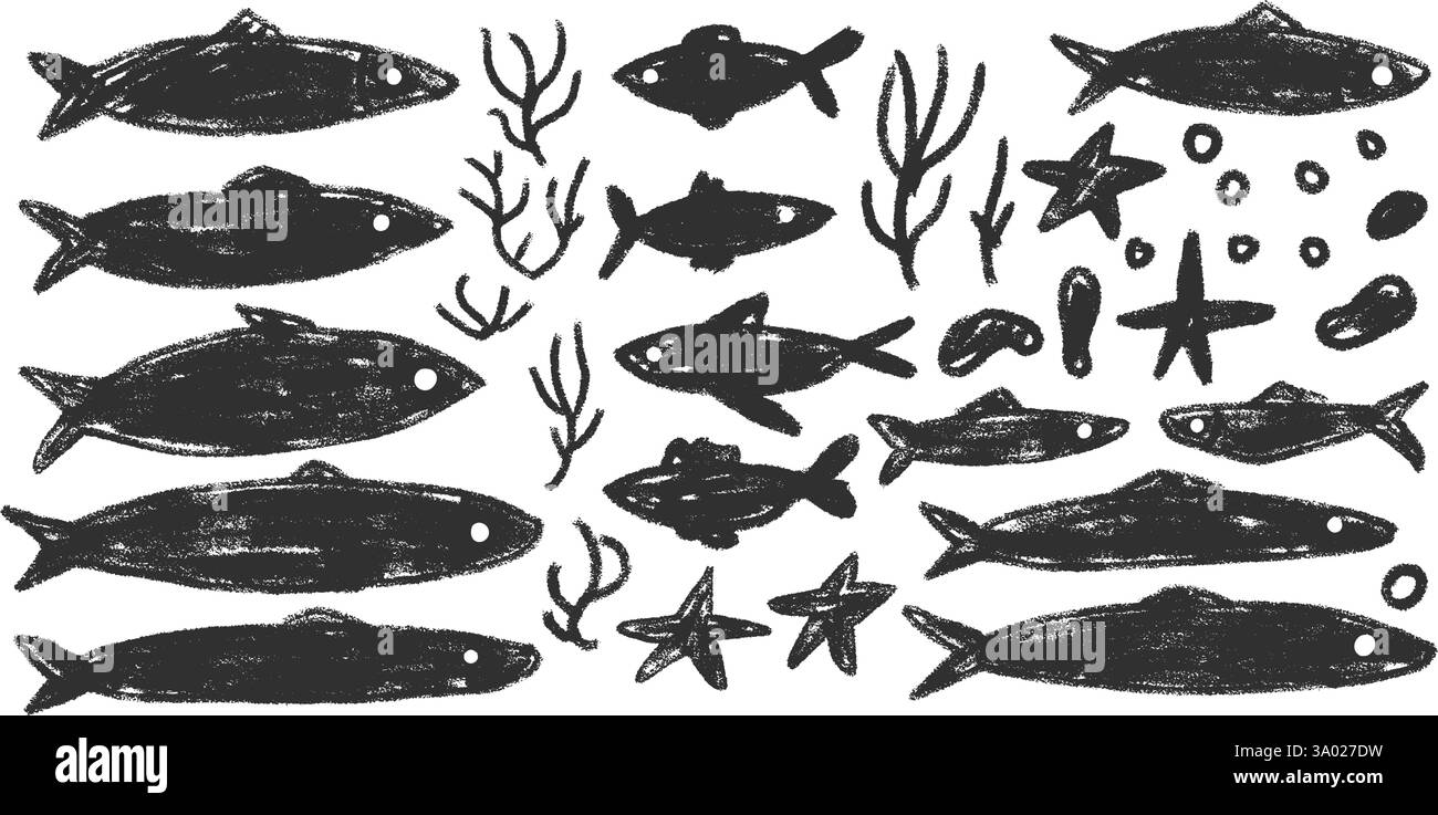 Jeu de doodle de poissons. Sardines dessinées à la main griffonnage École de poissons dans la mer. Illustration nautique monochrome vectorielle par crayon isolé sur fond blanc Illustration de Vecteur
