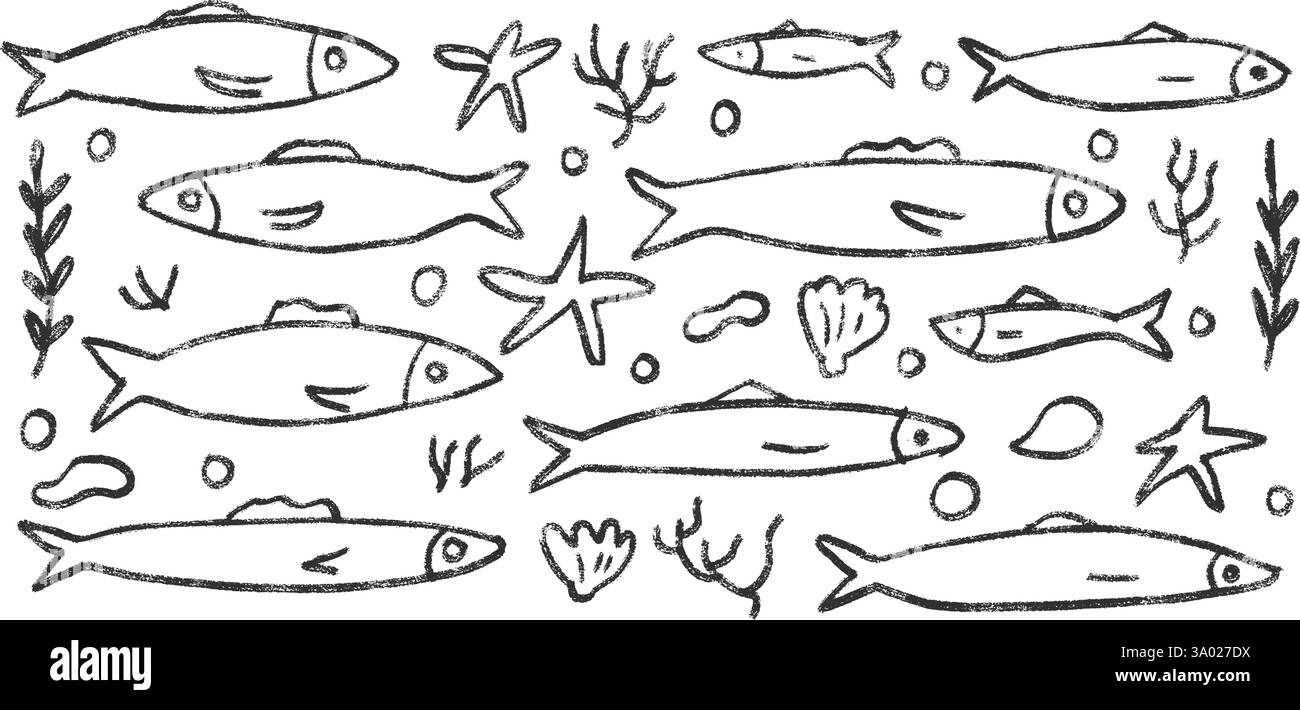 Jeu de griffonnages de ligne de poissons. Sardines dessinées à la main griffonnage École de poissons dans la mer. Illustration nautique monochrome vectorielle par crayon isolé sur BA blanc Illustration de Vecteur