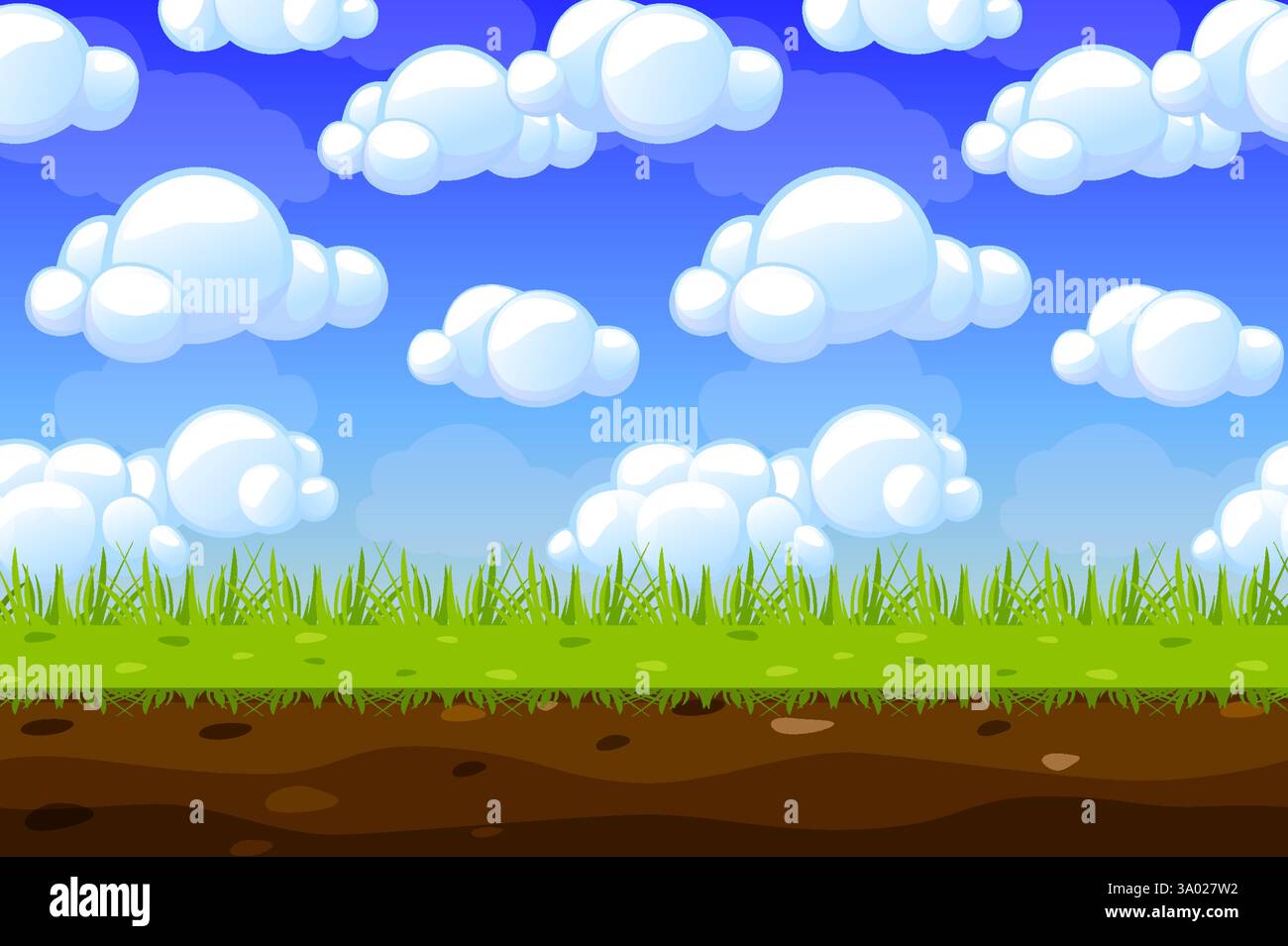 Fond de jeu fabriqué à partir d'éléments sans fin sans couture-ciel, nuages et herbe. Ressources vectorielles et calques pour vos jeux mobiles 2D. Jeu de style de dessin animé Illustration de Vecteur