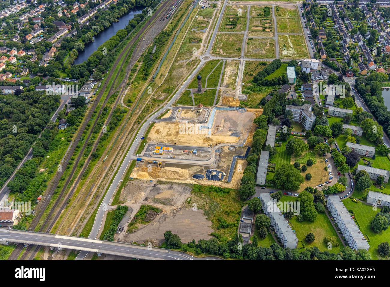Vue aérienne, Duisburg-Süd, projet de quartier résidentiel de Duisburg dans l'ancienne cour de triage de Wedau, immeubles d'habitation, quartier résidentiel Dirschauer Banque D'Images