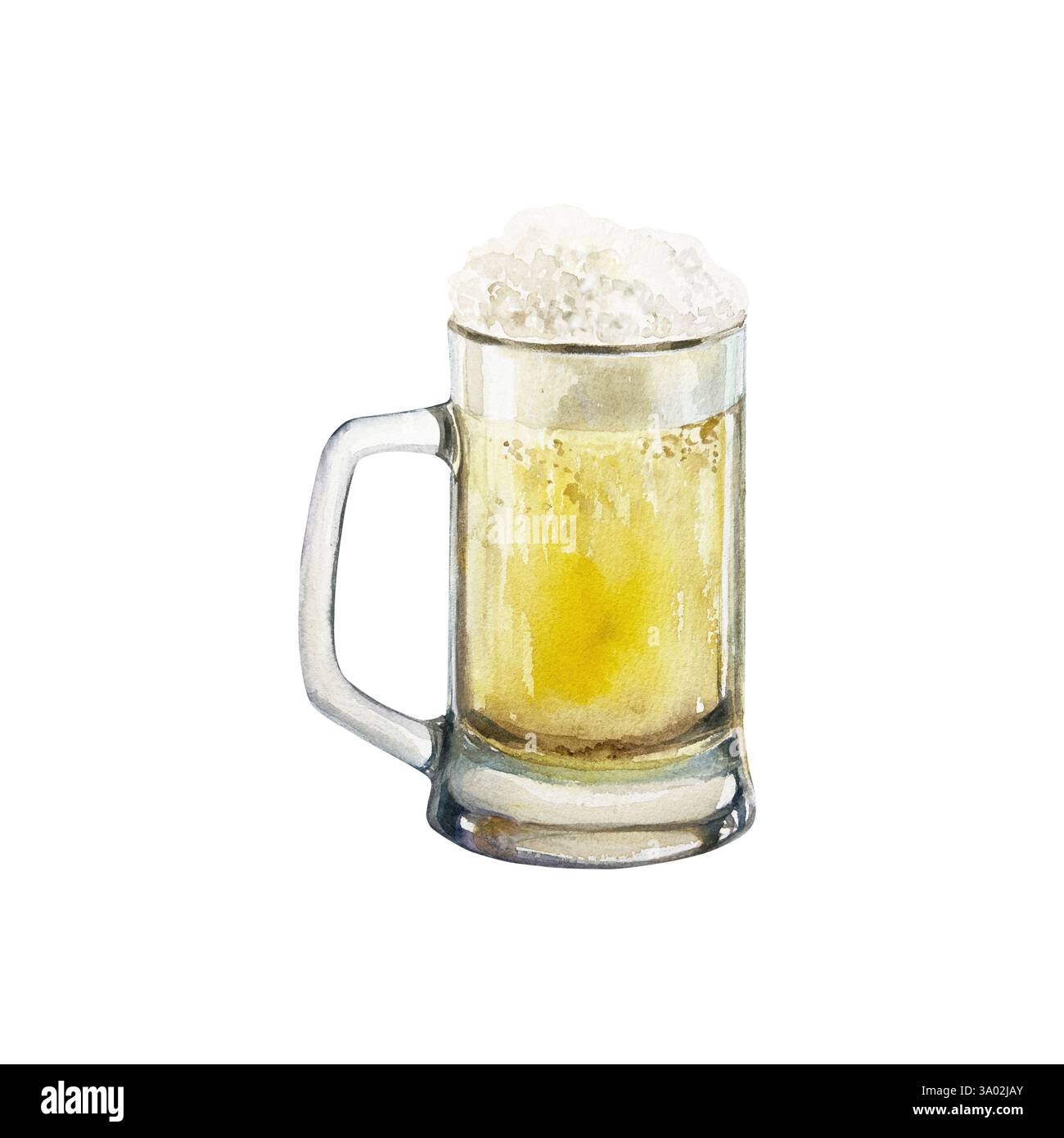 Bière avec mousse dans un gobelet en verre. Illustration d'aquarelle dessinée à la main isolée sur blanc. Pour : Patricks cartes de jour, conception de menu, invitations, étiquettes, Banque D'Images