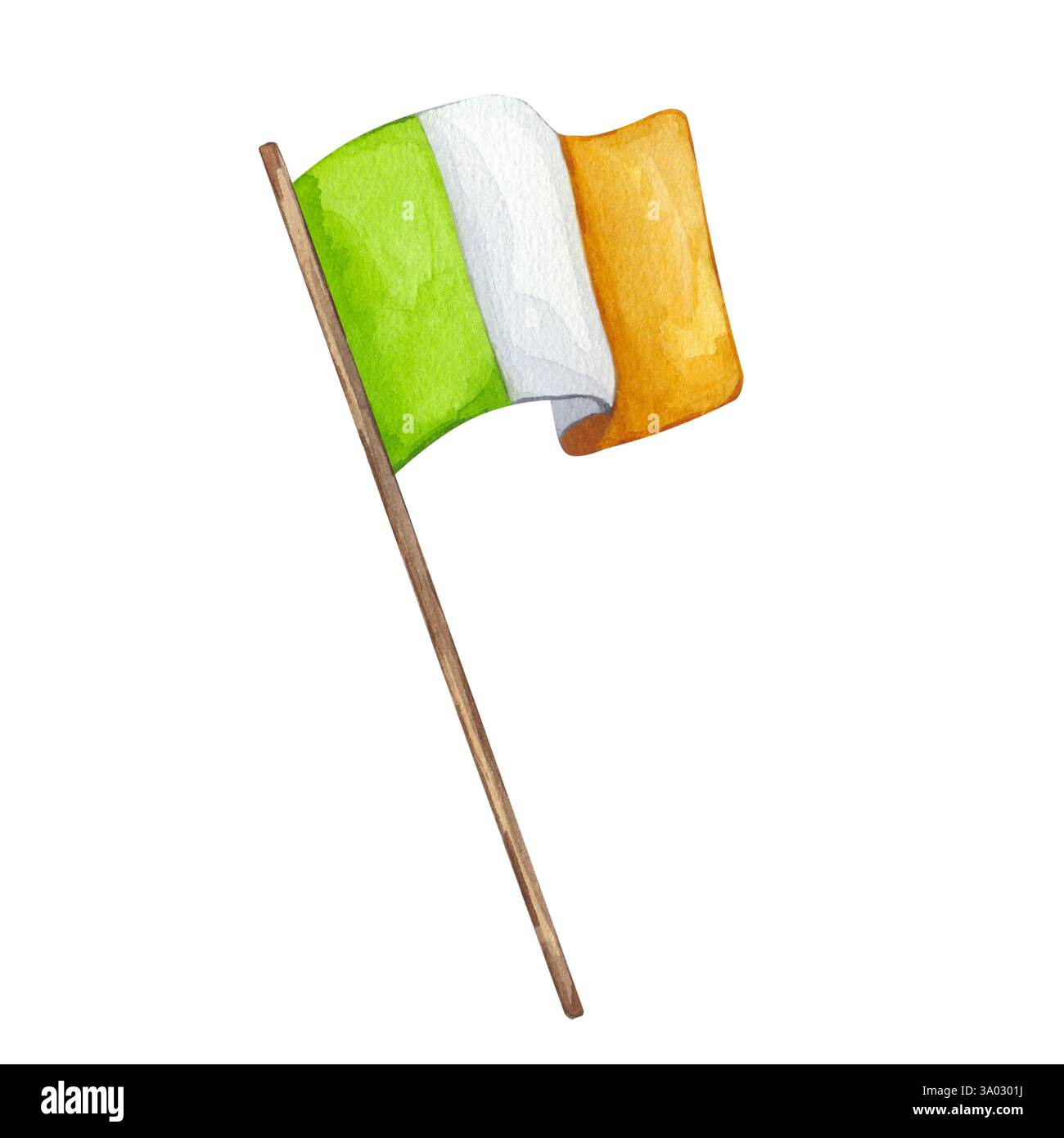Aquarelle drapeau irlandais ondulant sous le vent. Saint Patrick. Couleurs nationales vibrantes vert blanc orange. Illustration dessinée à la main arrière-plan isolé Banque D'Images