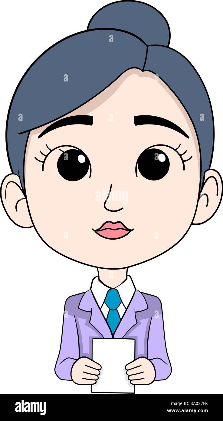 Une représentante sympathique du service à la clientèle féminine aux cheveux soigneusement attachés porte un costume violet professionnel et une cravate bleue tout en tenant un document Illustration de Vecteur