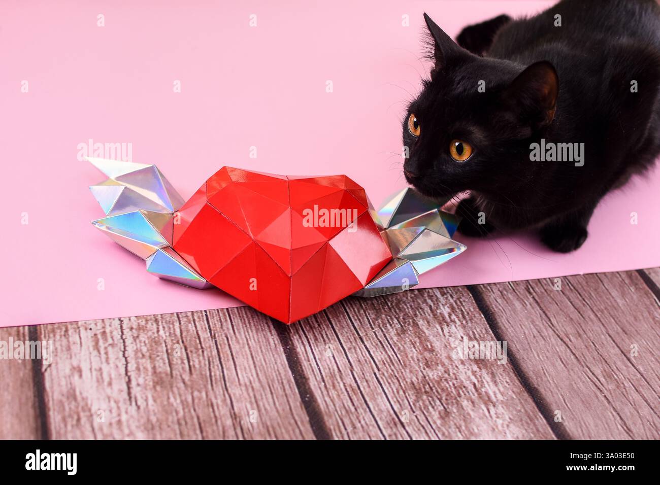 Coeur en papier polygonal rouge avec ailes.Un chat noir sur fond rose. Banque D'Images