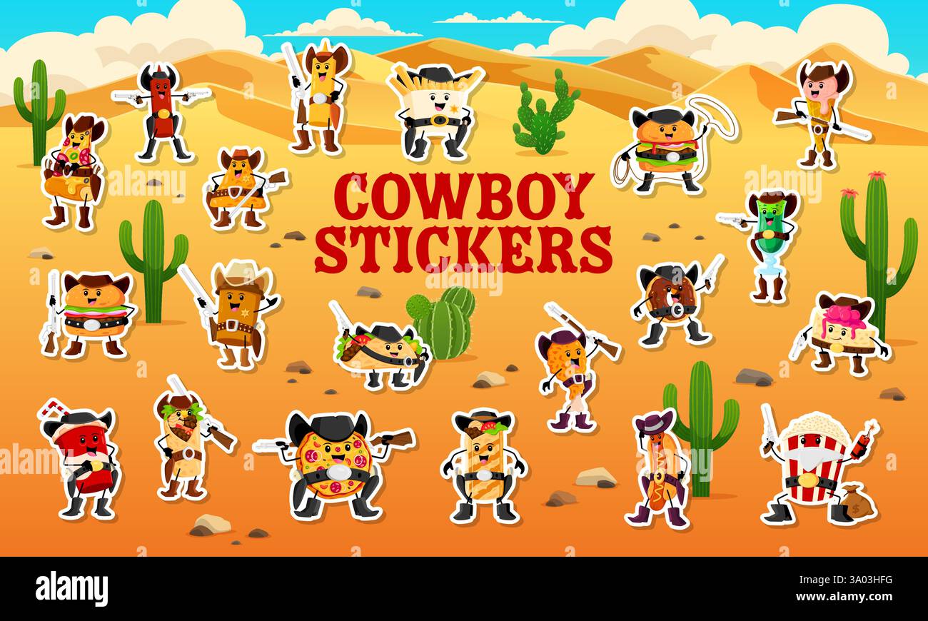 Caricature fast food ranger et cow-boy, shérif et autocollants de personnages de bandit, pack vectoriel. Autocollants Wild West de cow-boy de cheeseburger de restauration rapide de l'Ouest, Illustration de Vecteur
