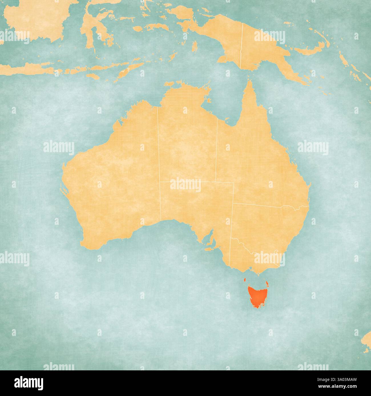 Tasmanie sur la carte de l'Australie dans un style grunge doux et vintage, comme du vieux papier avec de la peinture à l'aquarelle. Banque D'Images