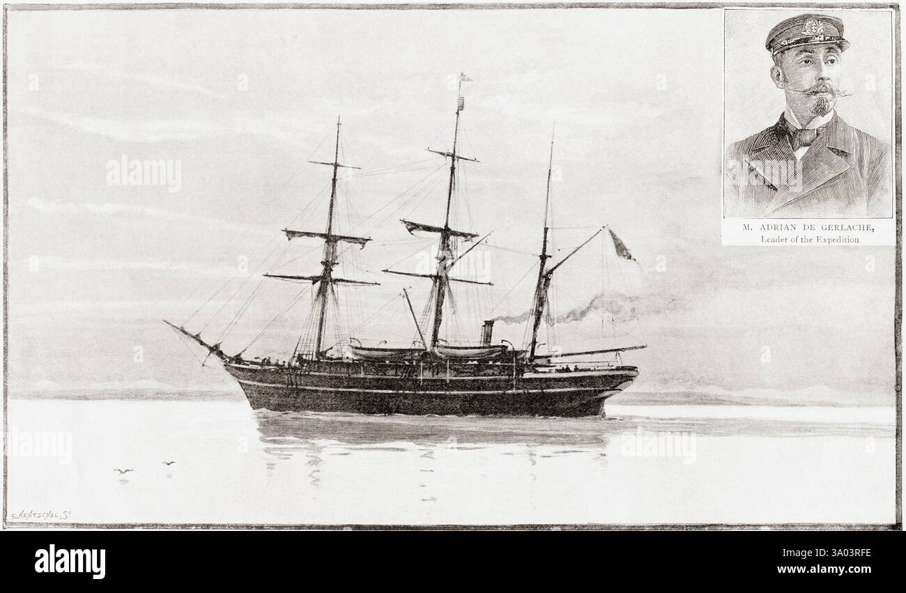 Expédition antarctique belge, 1897-1899, le RV Belgica au large de Sandefjord. Encart Baron Adrien Victor Joseph de Gerlache de Gomery, 1866-1934, chef de l'expédition. Tiré de The Graphic - an Illustrated Weekly Newspaper, publié en 1897. Banque D'Images