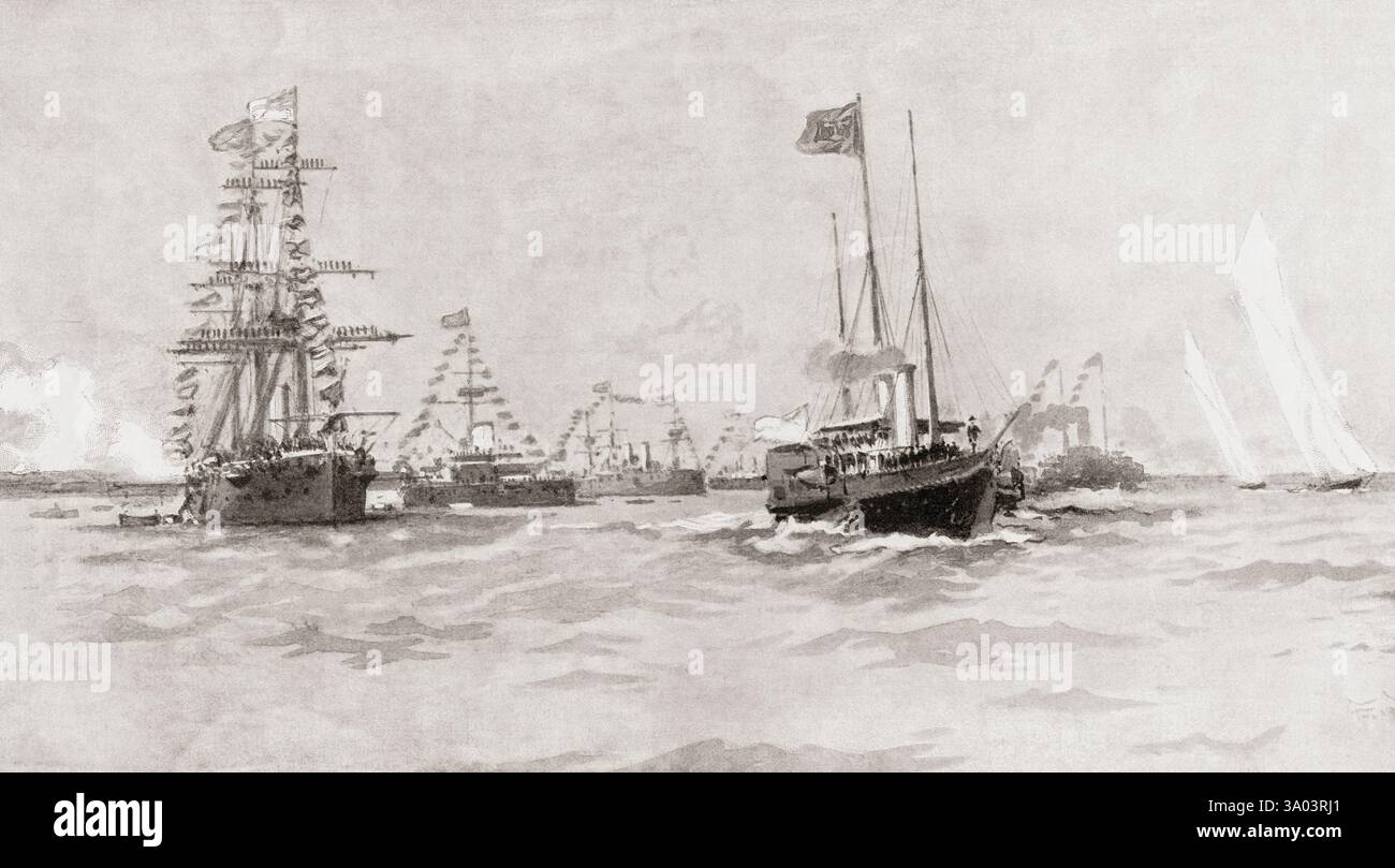 La visite du roi de Siam à la reine Victoria à Osborne en 1897. Le yacht royal Alberta, avec sa majesté, le prince de Galles et le duc d'York à bord, passant devant Spithead. Tiré de The Graphic - an Illustrated Weekly Newspaper, publié en 1897. Banque D'Images