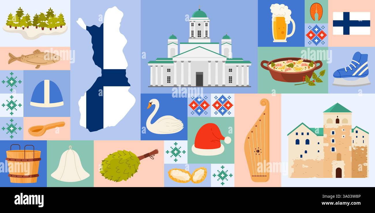 Voyagez en Finlande conception de bannières géométriques avec des éléments finlandais de la culture, des monuments et de la nourriture. Carte avec drapeau de pays, bière et saumon, théâtre et cathédrale bâtiments de dessin animé illustration vectorielle Illustration de Vecteur