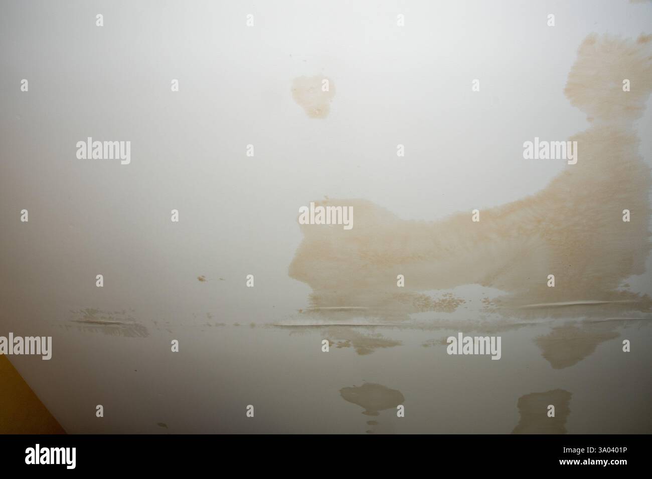 Les taches d'eau sur un plafond indiquent une fuite possible du toit et des dommages structurels dans un bâtiment résidentiel Banque D'Images