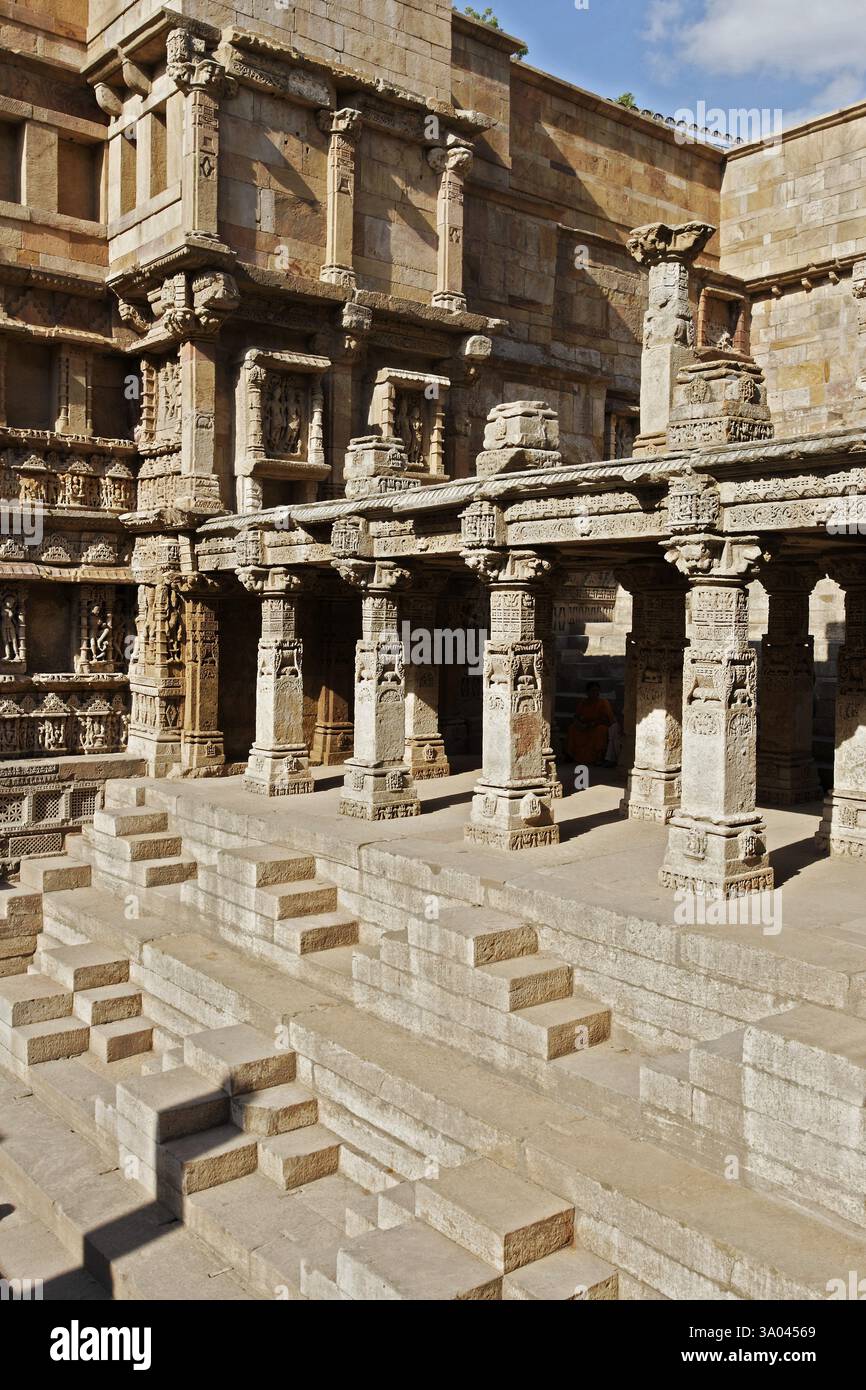 Rani ki vav, puits d'étape, sculpture sur pierre, Patan, Gujarat, Inde, Asie Banque D'Images