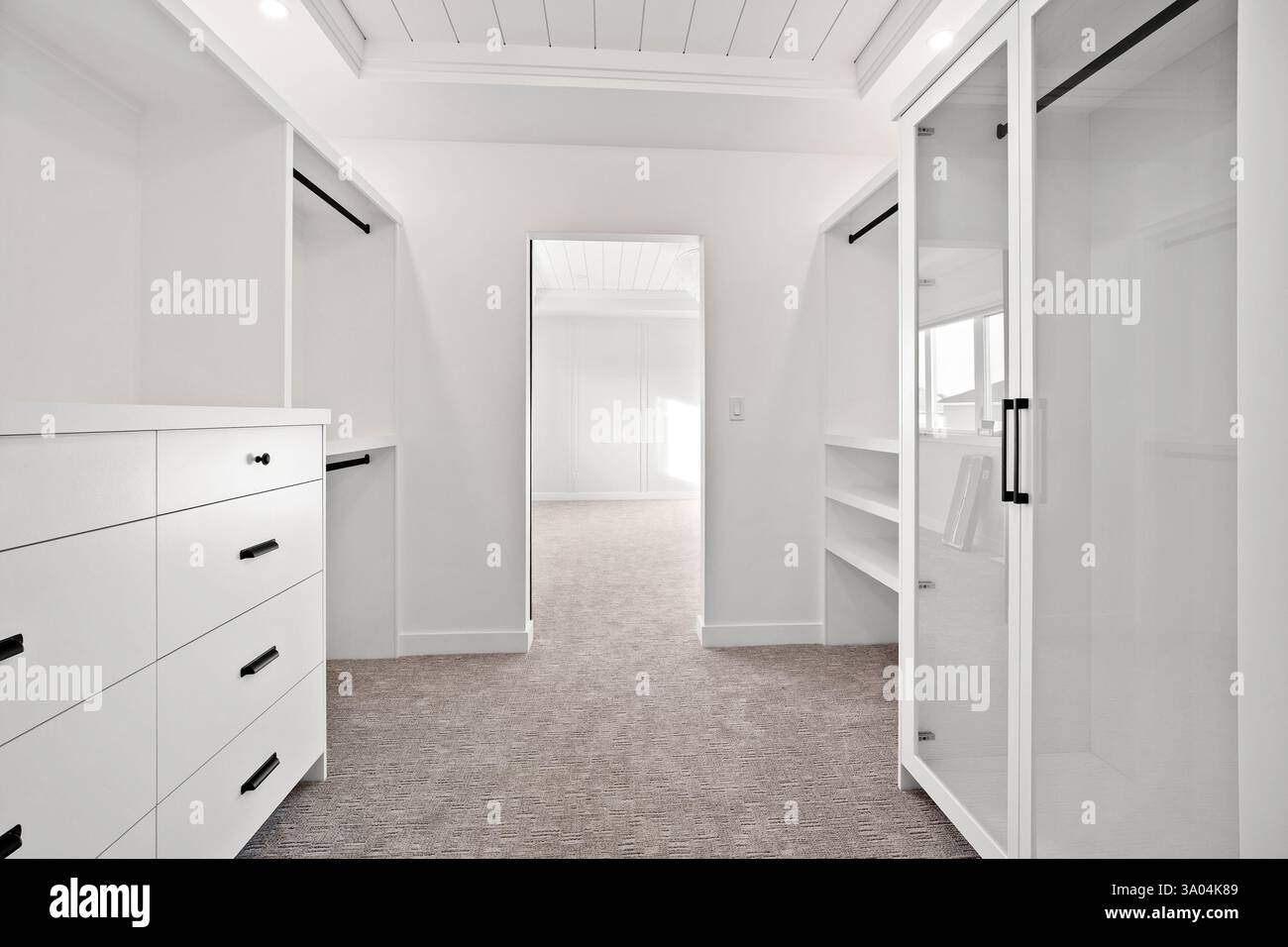 Chambre blanche avec placard et commode. La chambre est vide et a un look épuré et minimaliste Banque D'Images