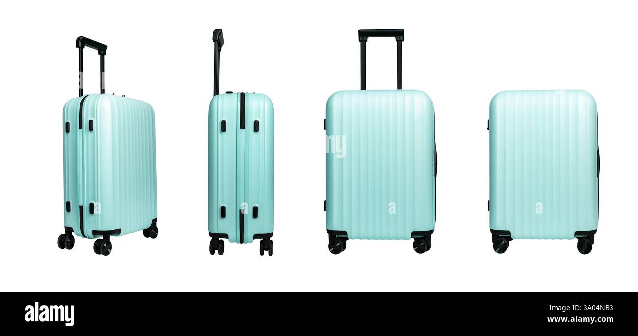 Collection valise avec sacs de voyage élégants avec roues et poignées dans différents angles. Conception moderne de bagages pour le tourisme, vol, vacances, an Banque D'Images