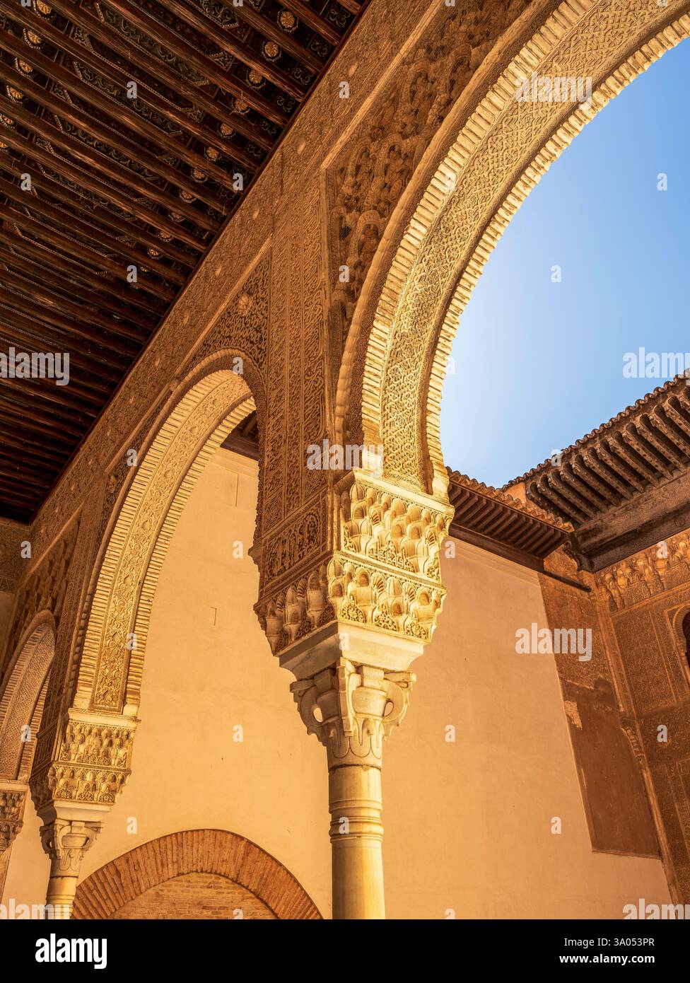 Arches en fer à cheval ornées et capitales de Muqarnas dans le palais de Comares à l'Alhambra présentant la maîtrise du stuc nasride et l'architecture andalouse complexe Banque D'Images