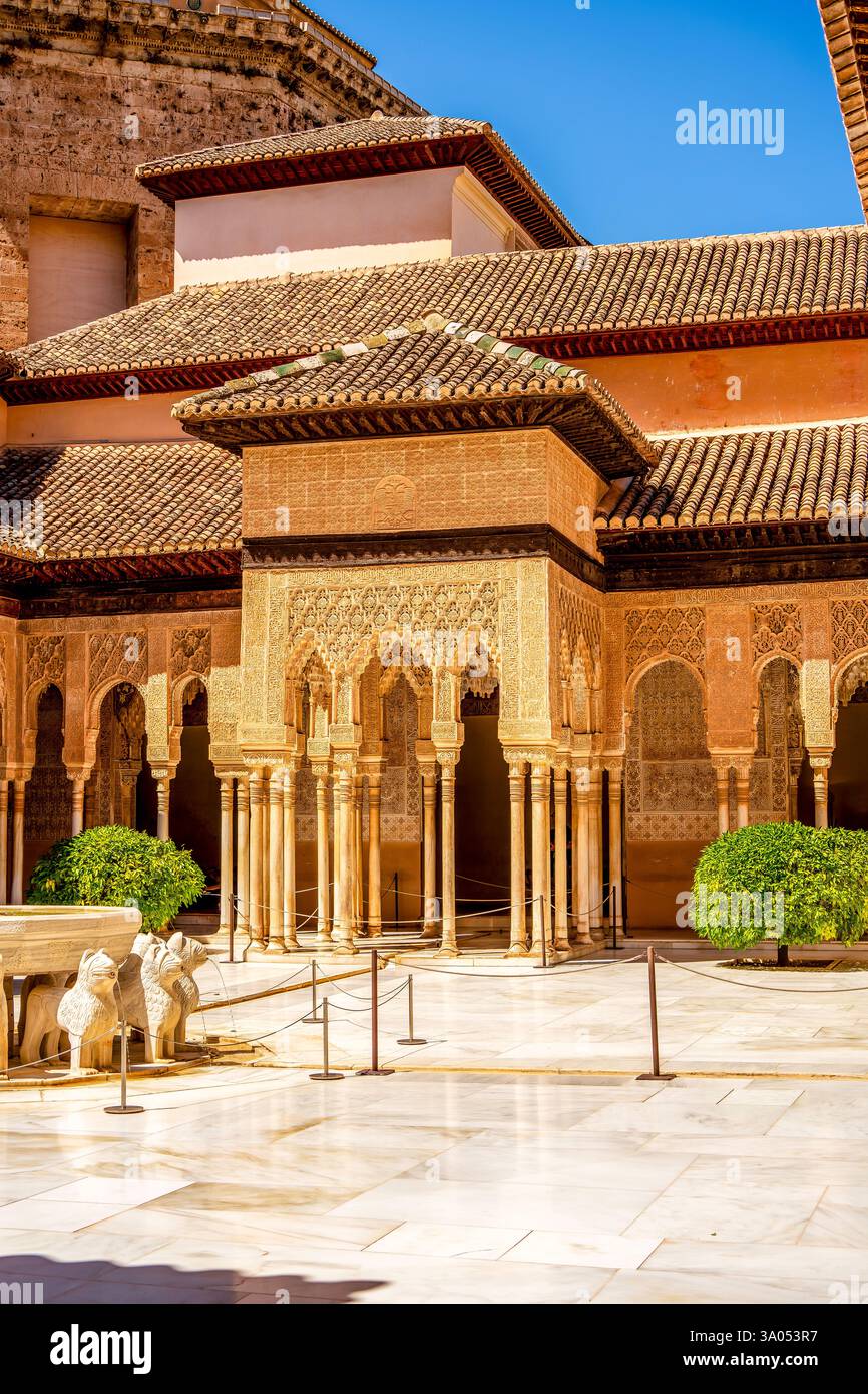 Beauté intemporelle de la Cour des Lions des Alhambras présentant du stuc nasride orné et des colonnes de marbre dans le chef-d'œuvre mauresque emblématique d'Andalousie Banque D'Images